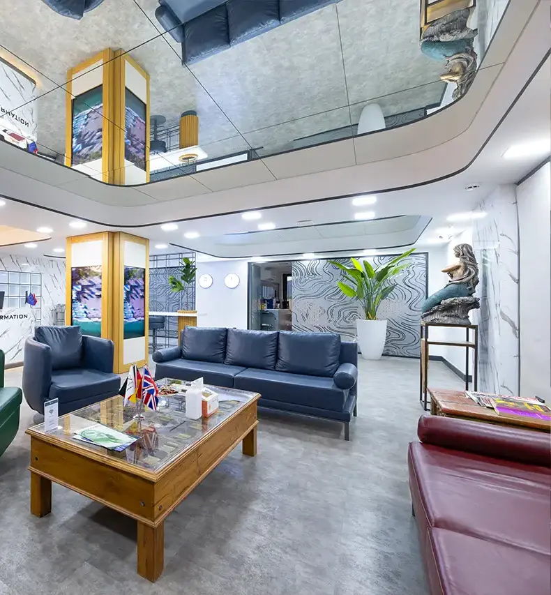 The atrium waiting lounge, open to the floor above
