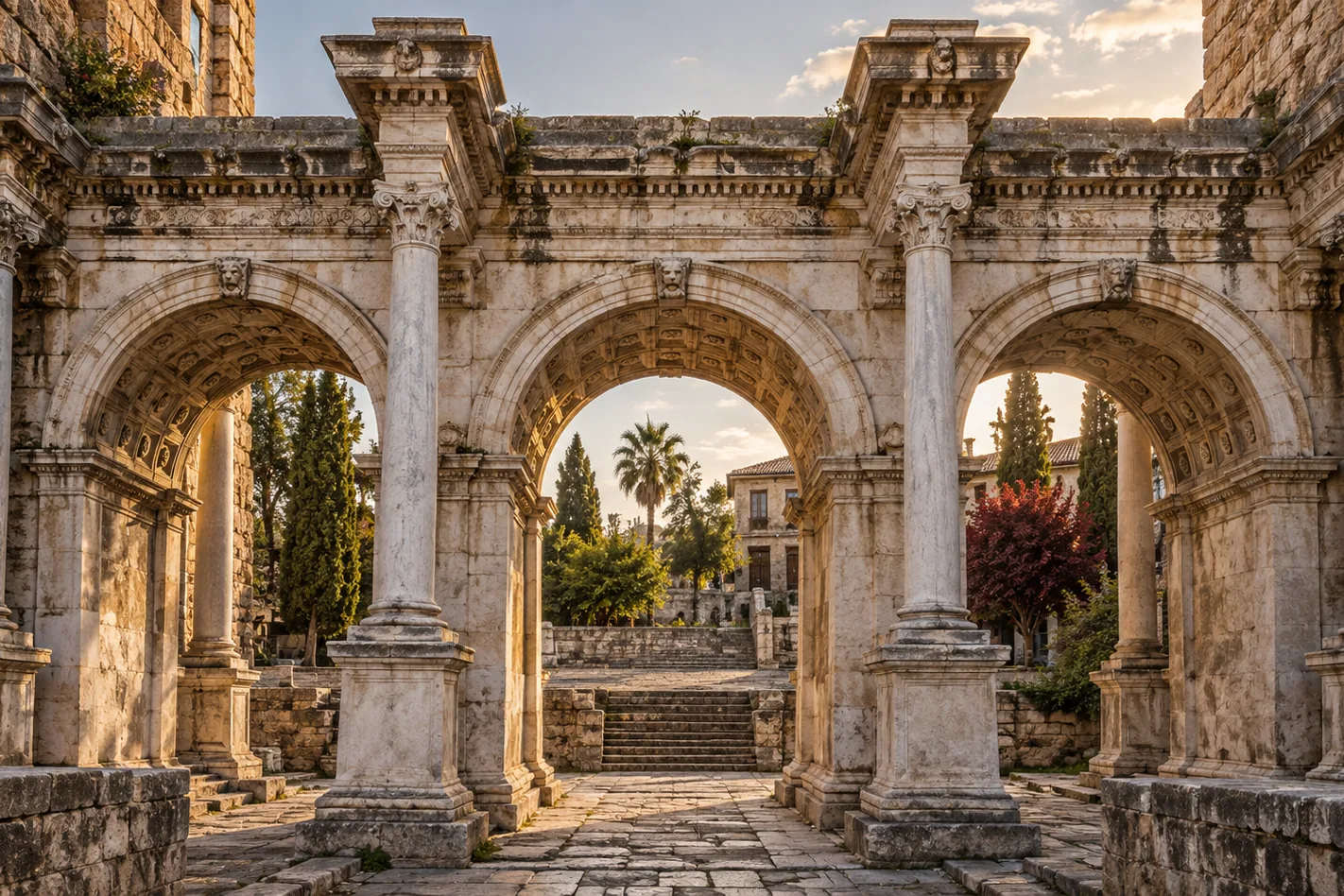 Hadrian's Gate in Antalya, three marble arches in warm late light