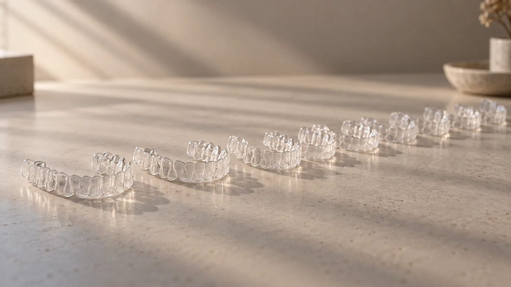A long row of clear aligners on a pale lab bench in raking morning light