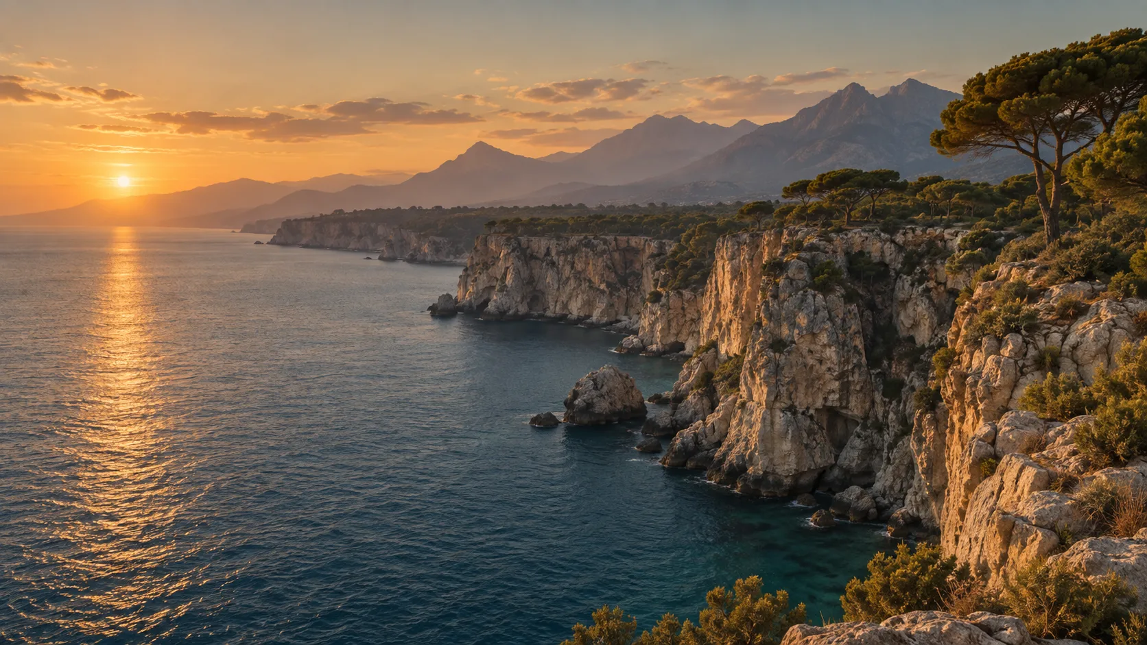 The coastline near Antalya at golden hour, limestone cliffs above deep blue water
