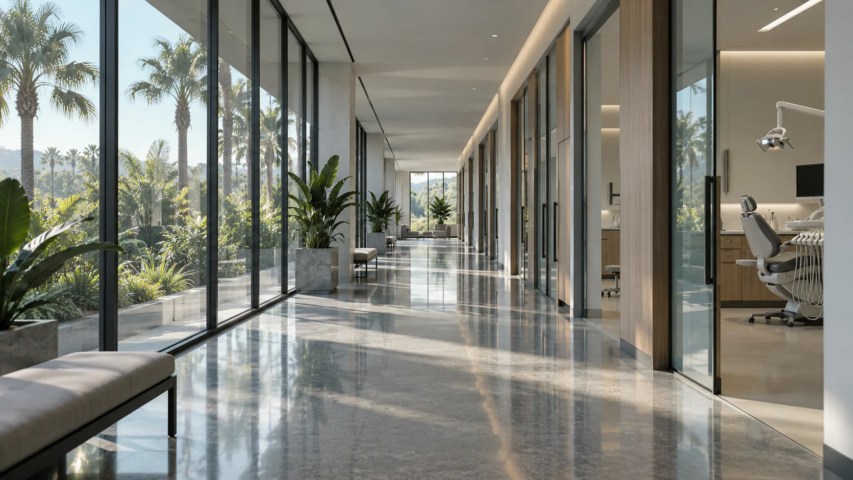 A long clinic corridor in daylight, full-height glass onto palms down one side