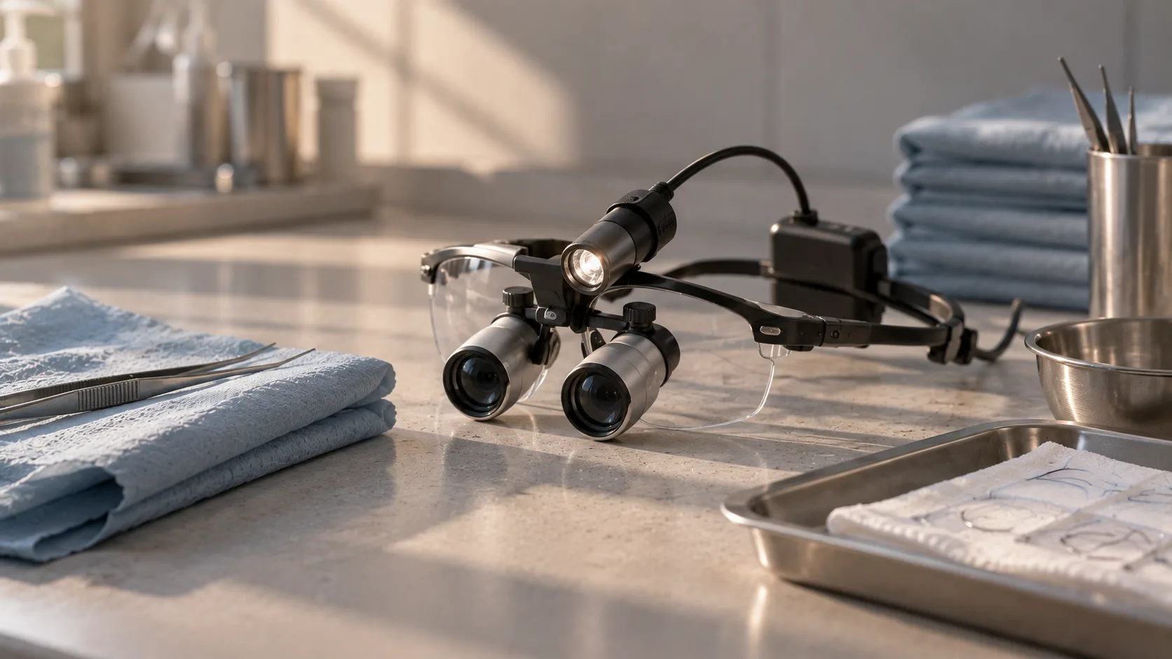 Surgical loupes and a headlight on a clinic bench beside a folded drape and a tray of sutures