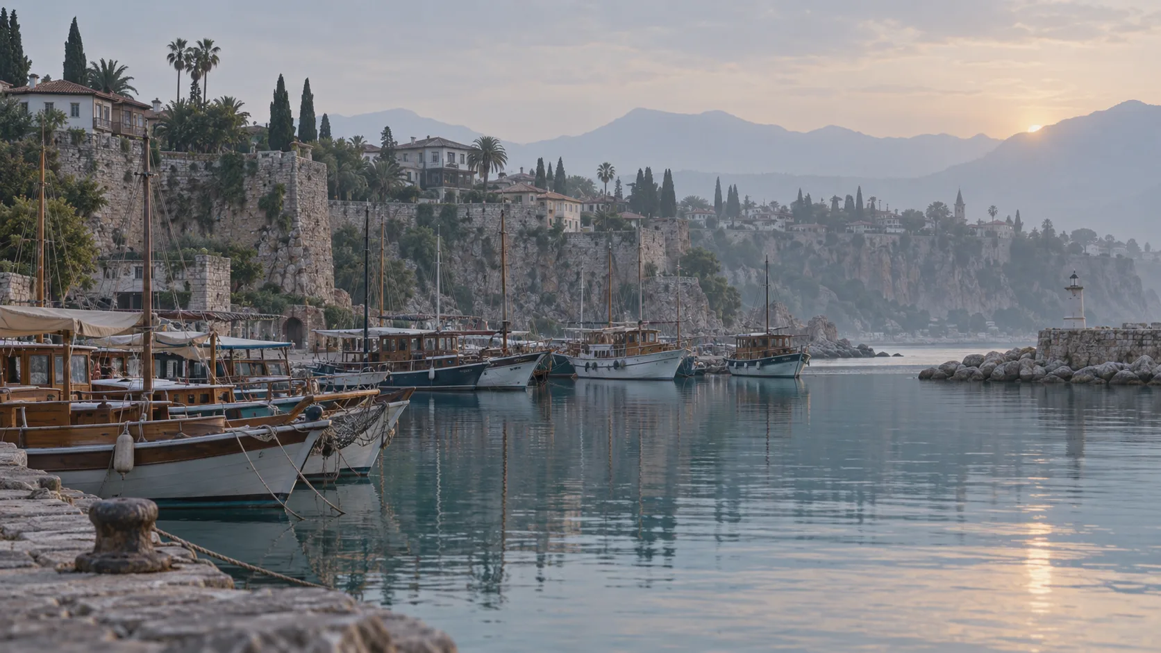 Antalya's old harbour at first light, wooden boats moored against the sea wall
