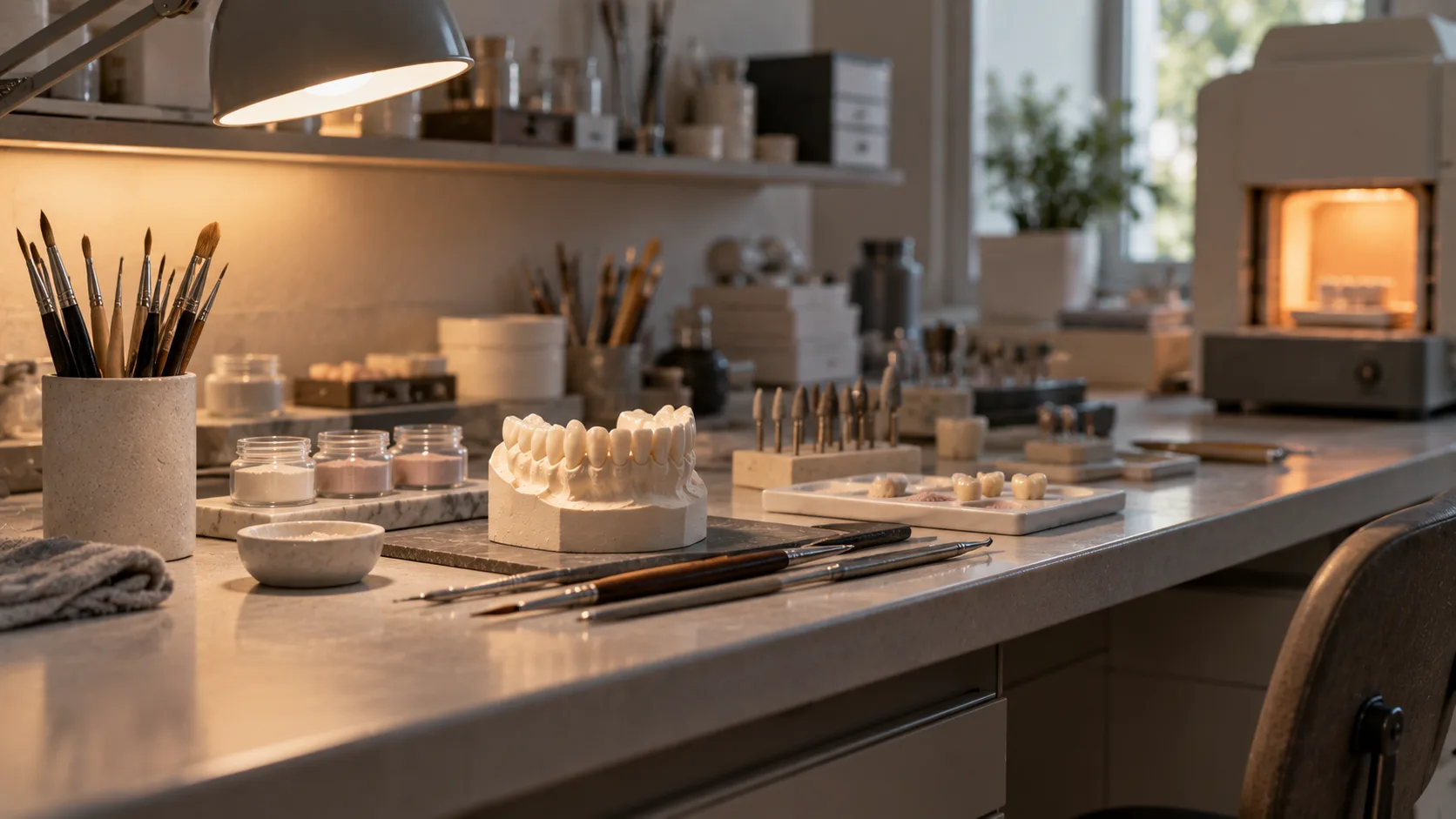 A dental technician's bench seen wide, a furnace glowing softly at the far end