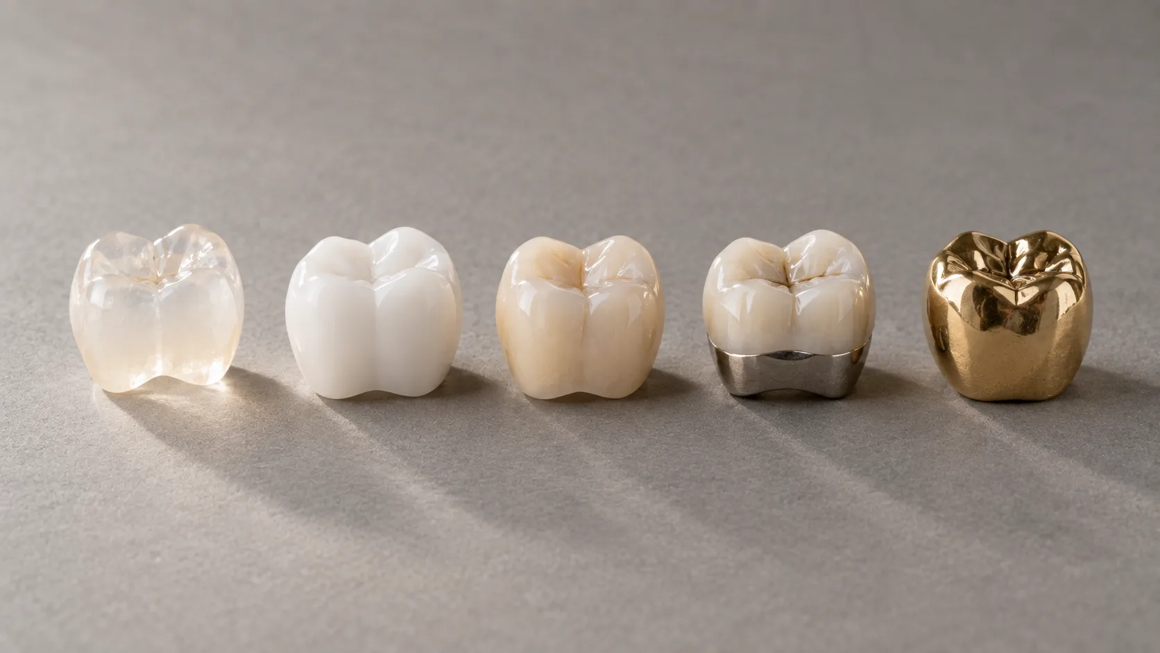 A row of crowns of different materials: glass-ceramic, zirconia, porcelain over metal and full gold