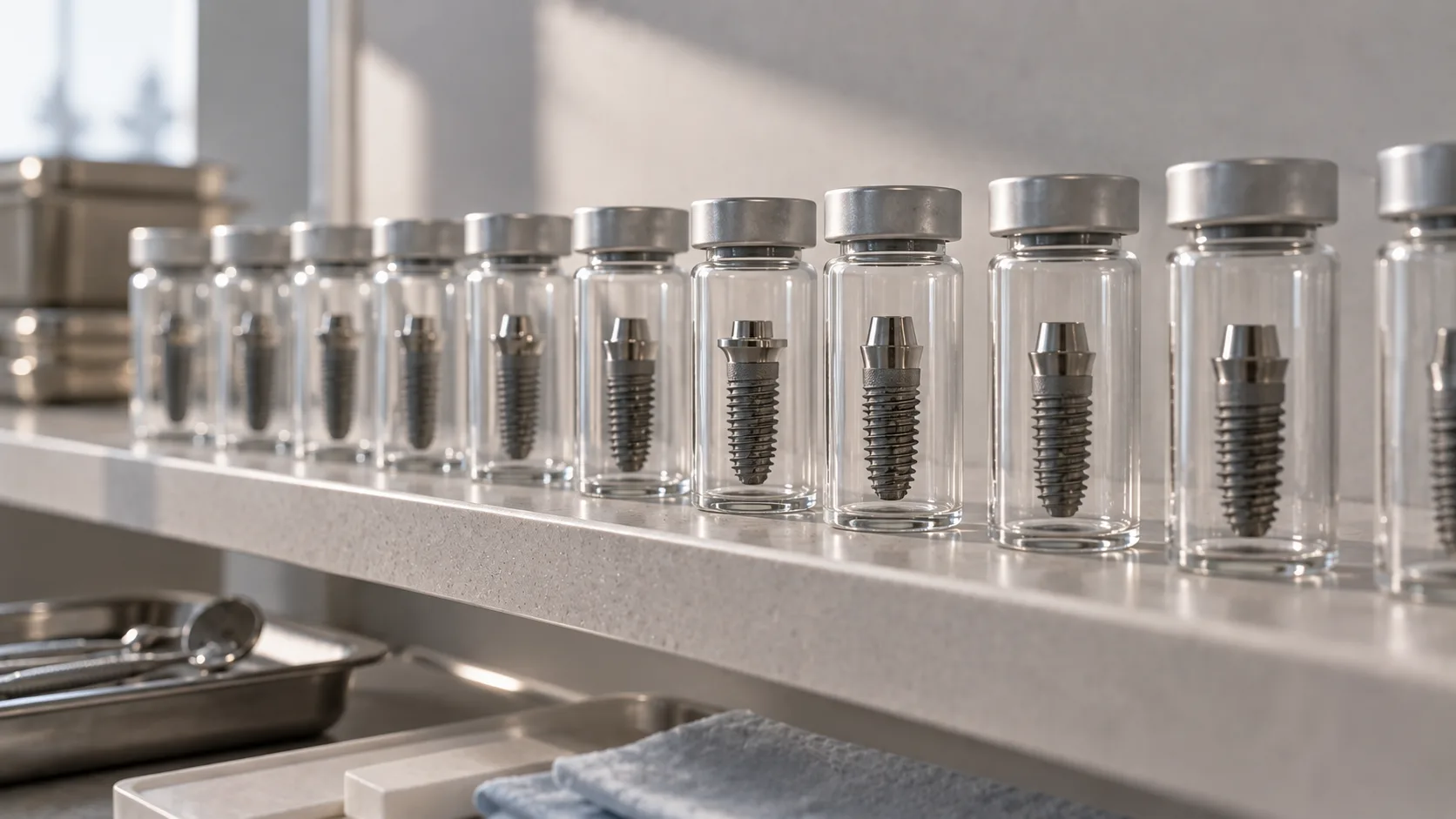 A long row of titanium implant fixtures in sealed glass vials on a clinic shelf