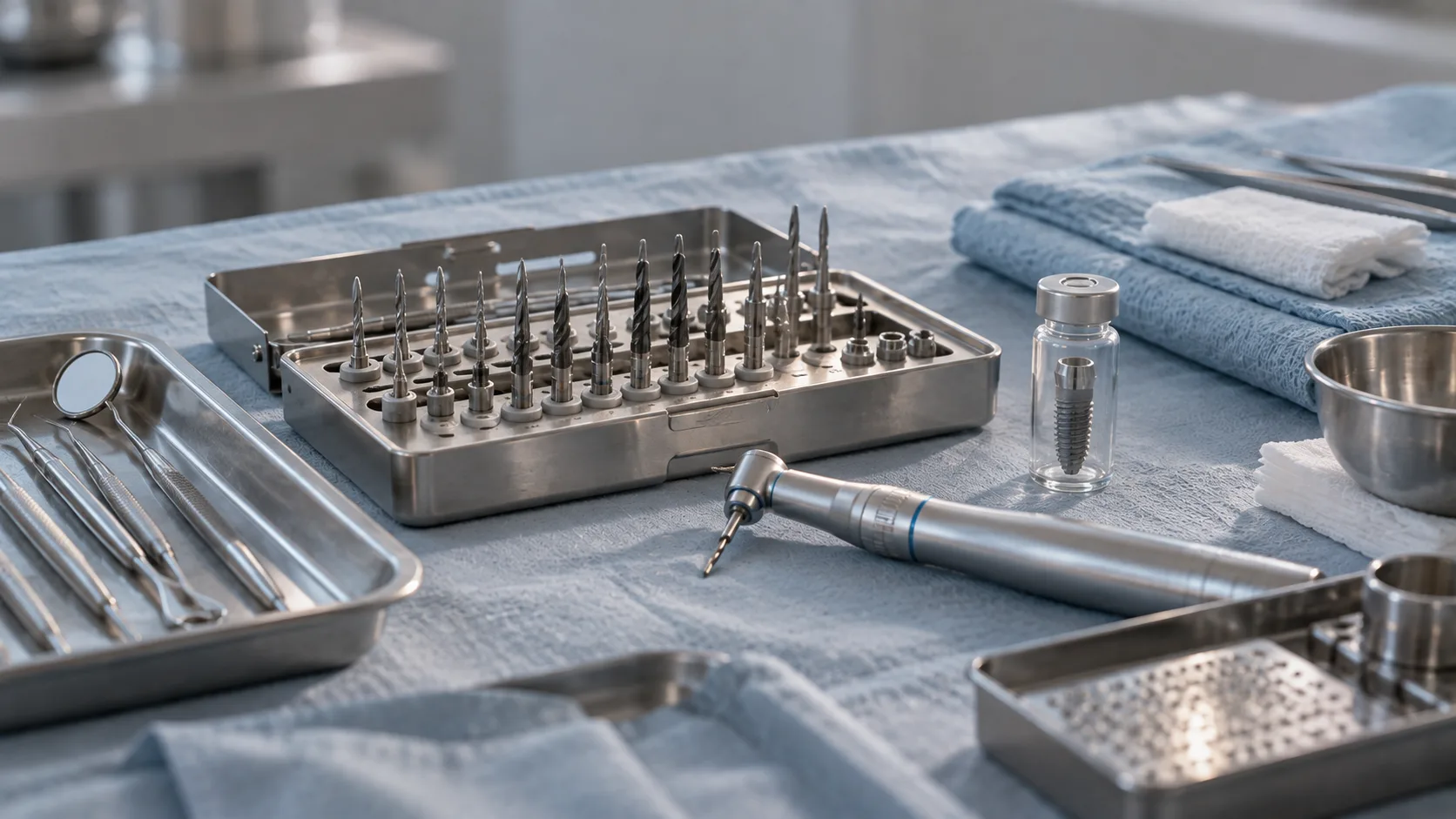 A sterile surgical tray laid for implant placement on a blue-grey drape