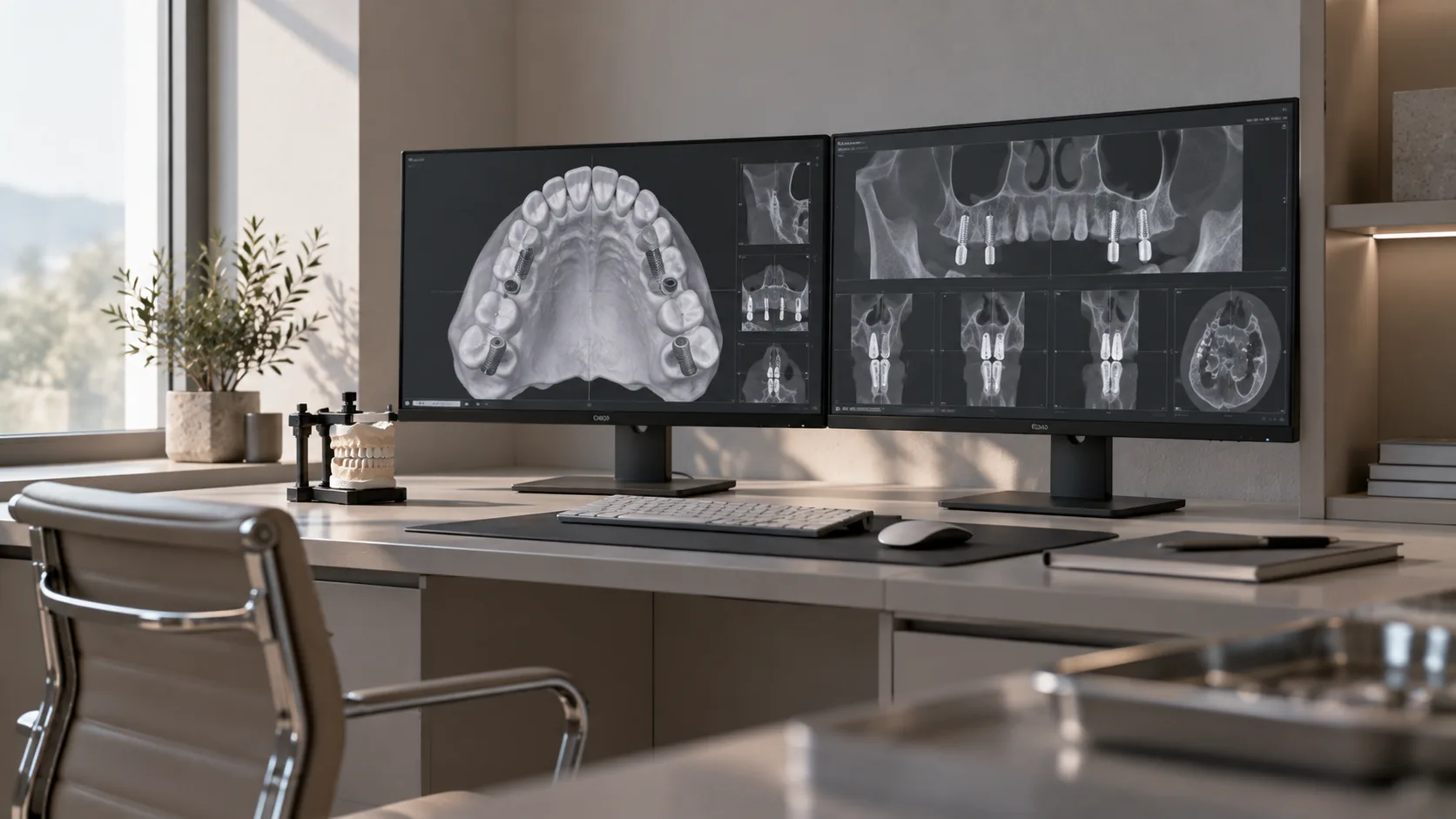 A planning room with two monitors showing cone-beam CT views of an upper jaw