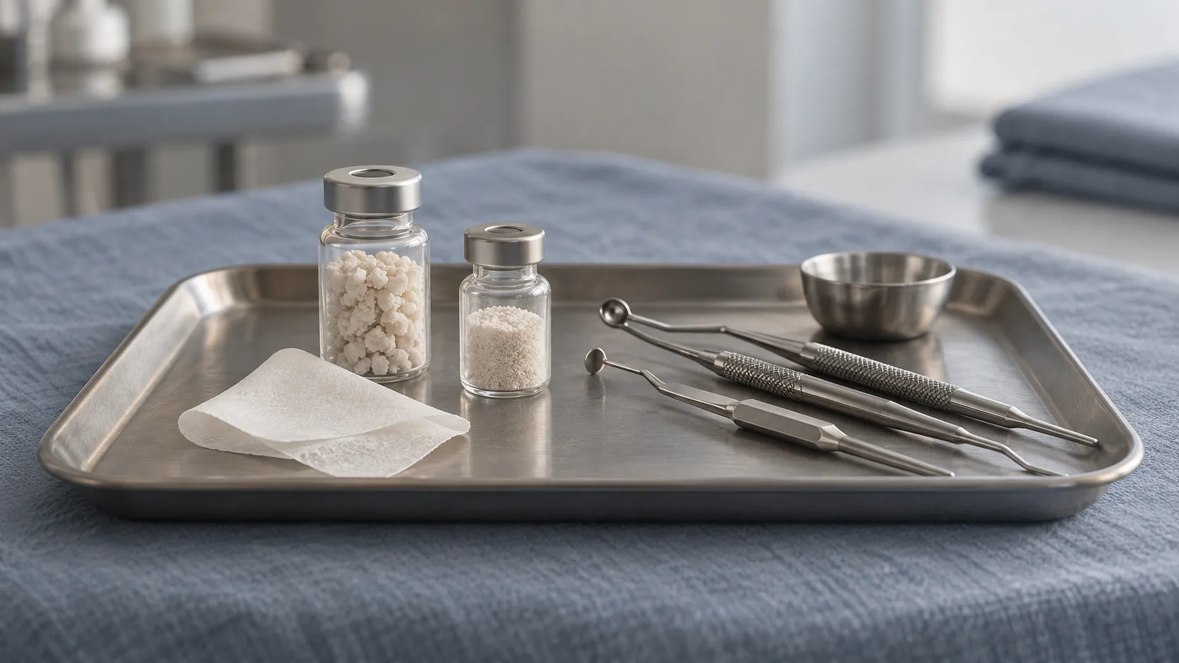 Graft vials, a collagen membrane and slim lift instruments across a steel tray