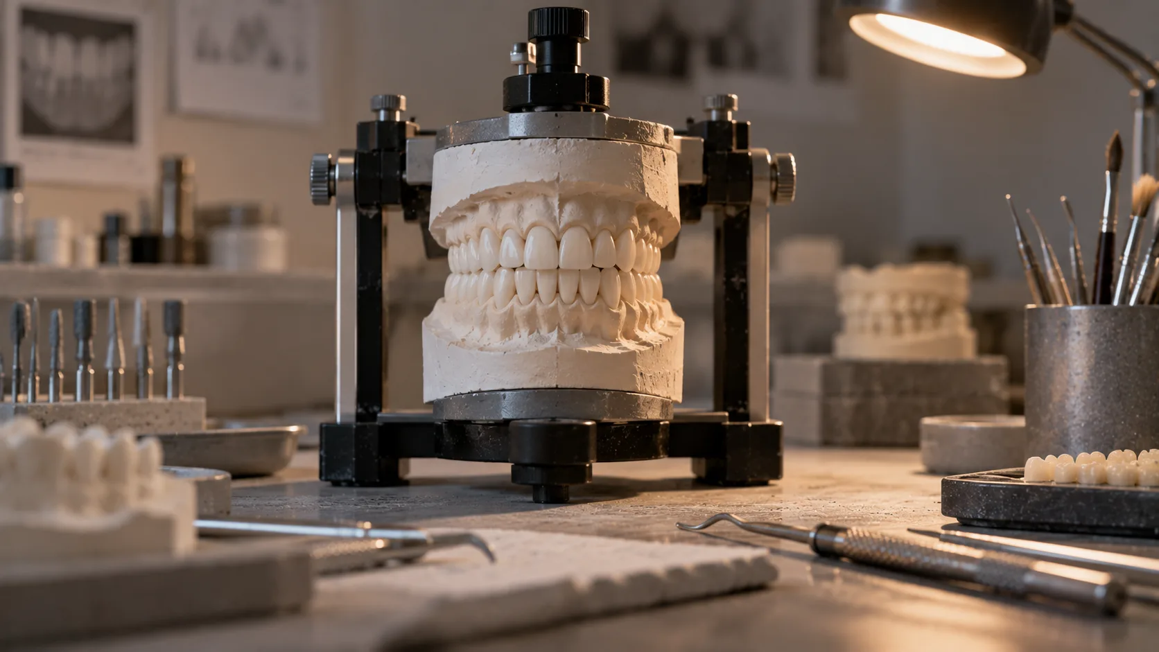 A wax-up of a full smile mounted on a dental articulator under a task lamp