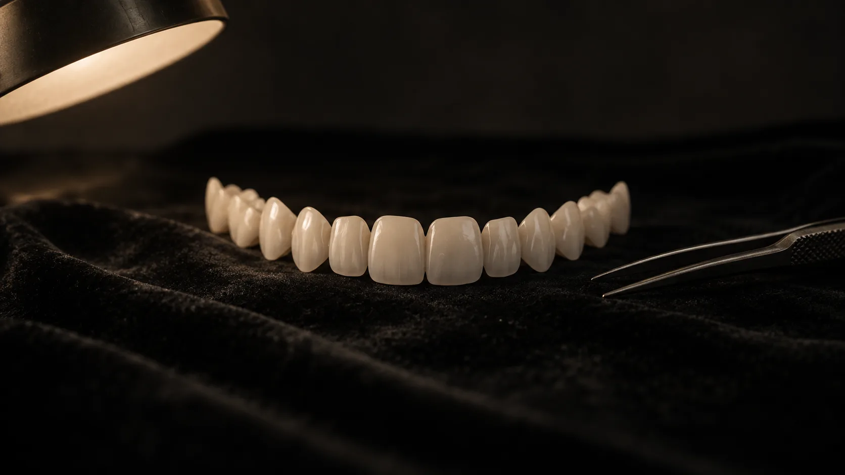 A complete set of porcelain veneers in a wide arc across black velvet beside fine tweezers