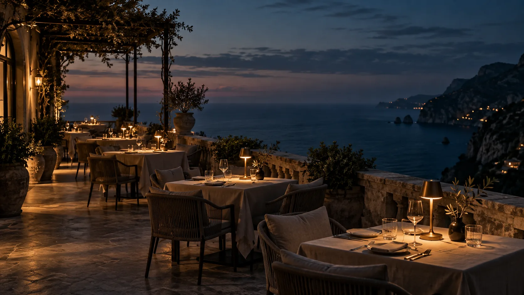 A restaurant terrace above the sea after service, tables laid and lamps lit