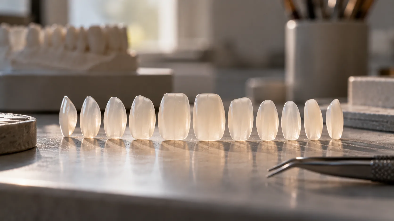 Ten wafer-thin porcelain veneers standing on their edges in a row, daylight glowing through each