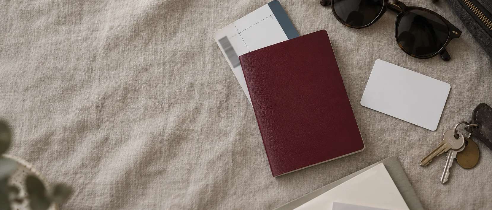 A passport, boarding pass, key card and treatment plan laid out before a trip