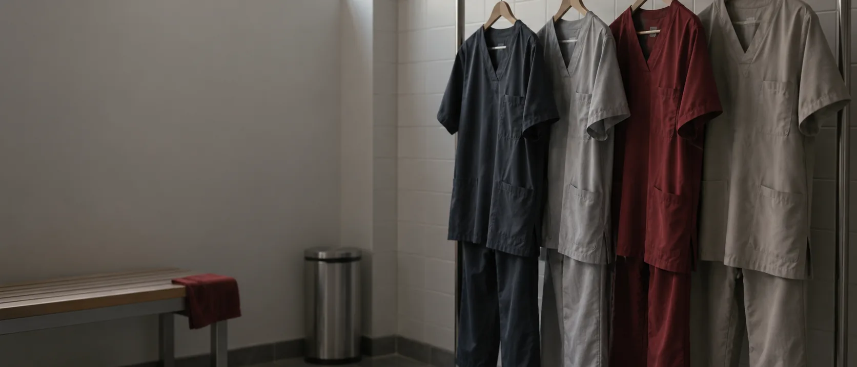 Clinical scrubs hanging on a rail in the changing room