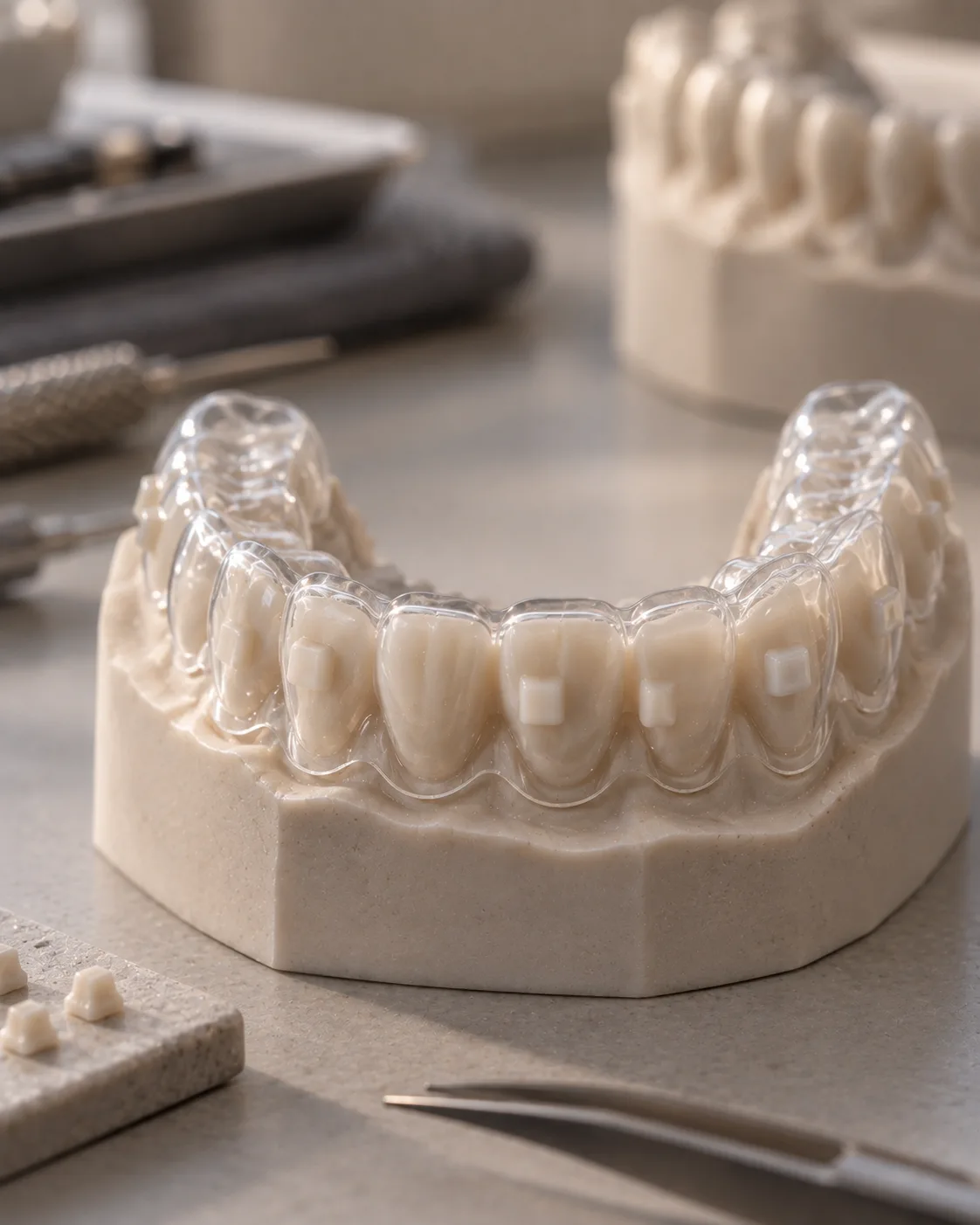 A clear aligner seated over a model, small tooth-coloured attachments visible beneath the plastic