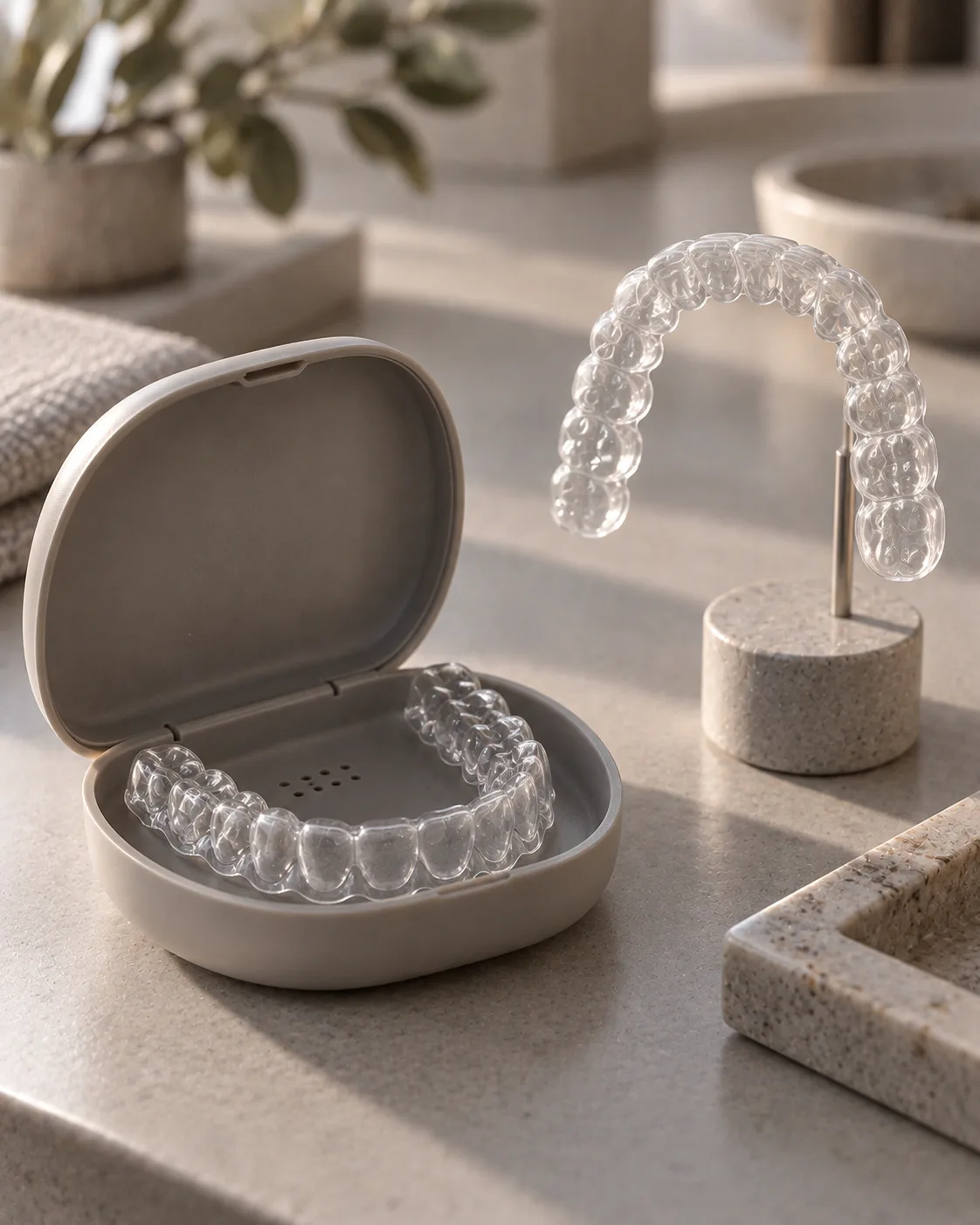 A clear retainer in its open case beside a second aligner on a small stand