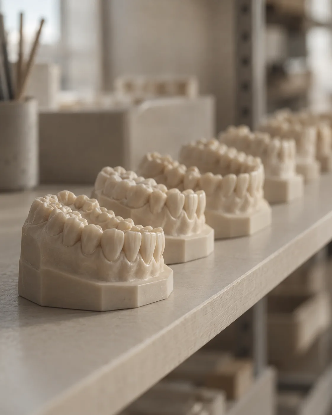 A row of 3D-printed resin arch models on a lab shelf, each slightly different from the last