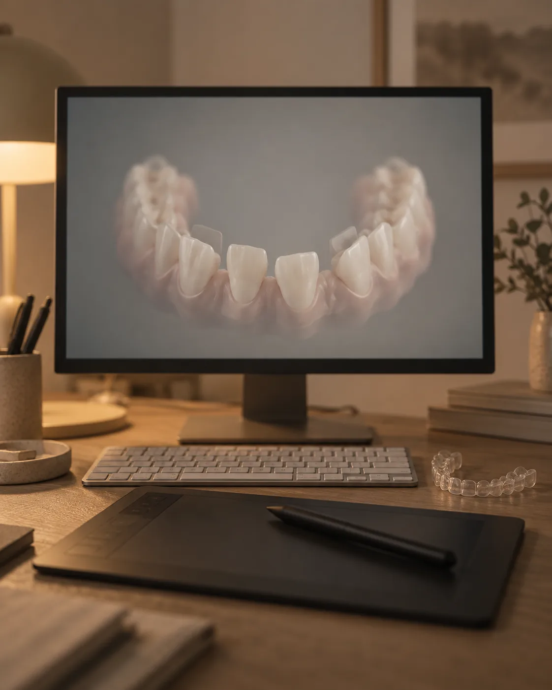 A monitor showing a digital arch with a few teeth moved from their neighbours, a stylus tablet in front