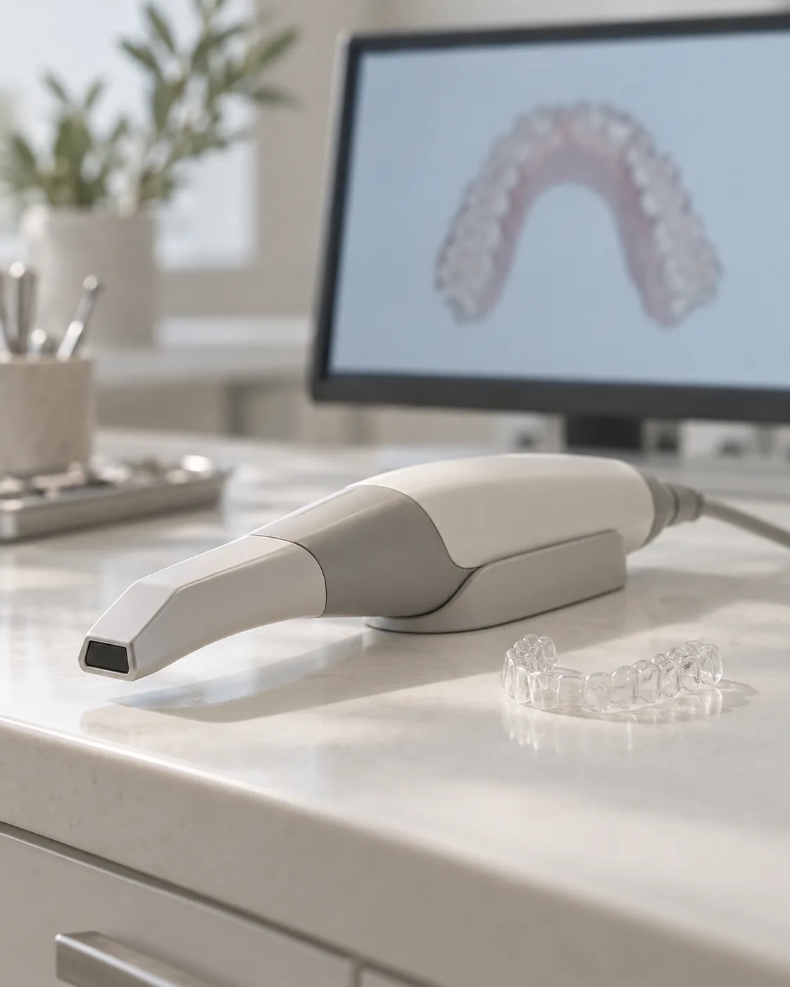 An intraoral scanner wand on a bright worktop beside a clear aligner, a scanned arch on the screen behind