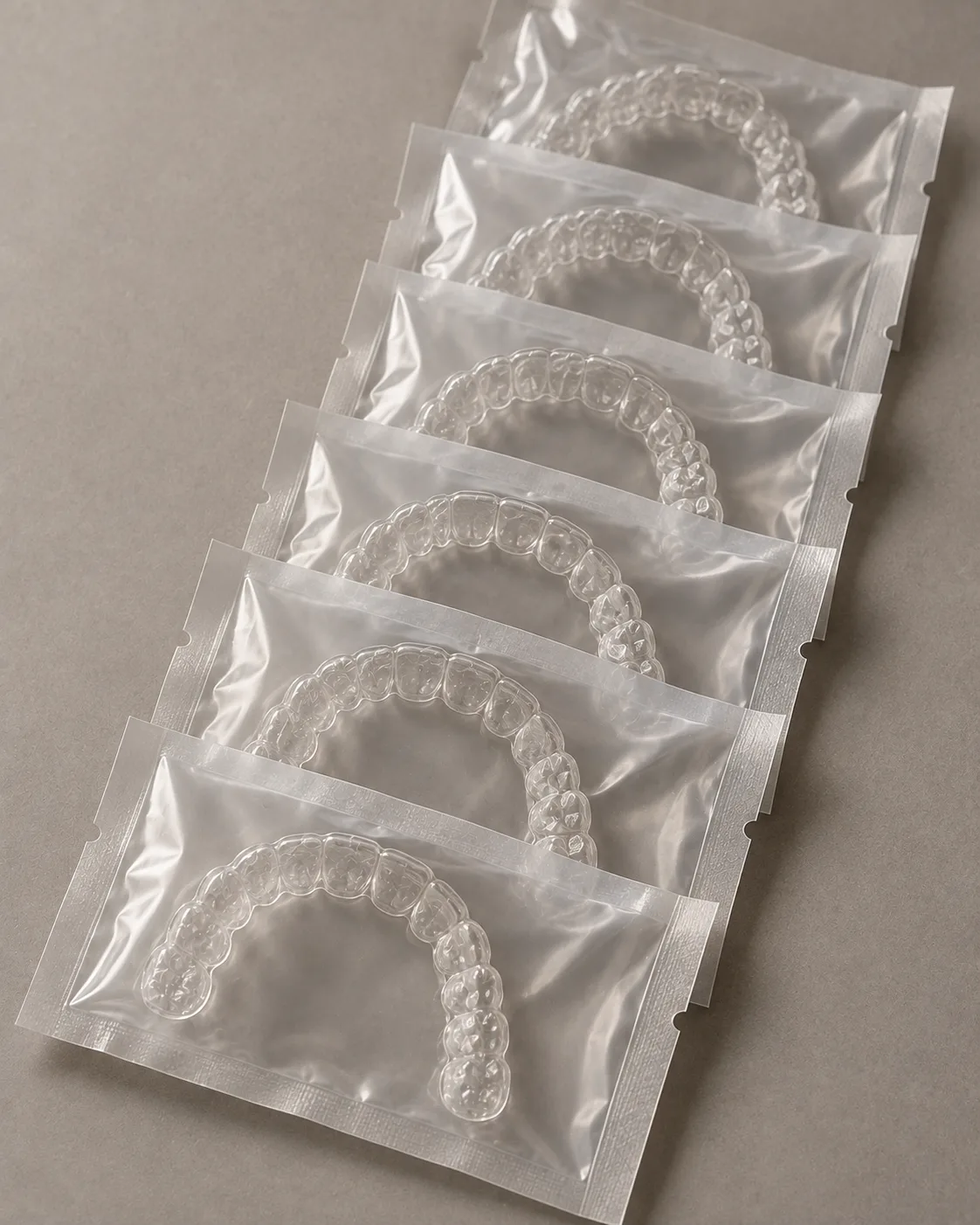 A sequence of clear aligners in sealed pouches laid in an overlapping row