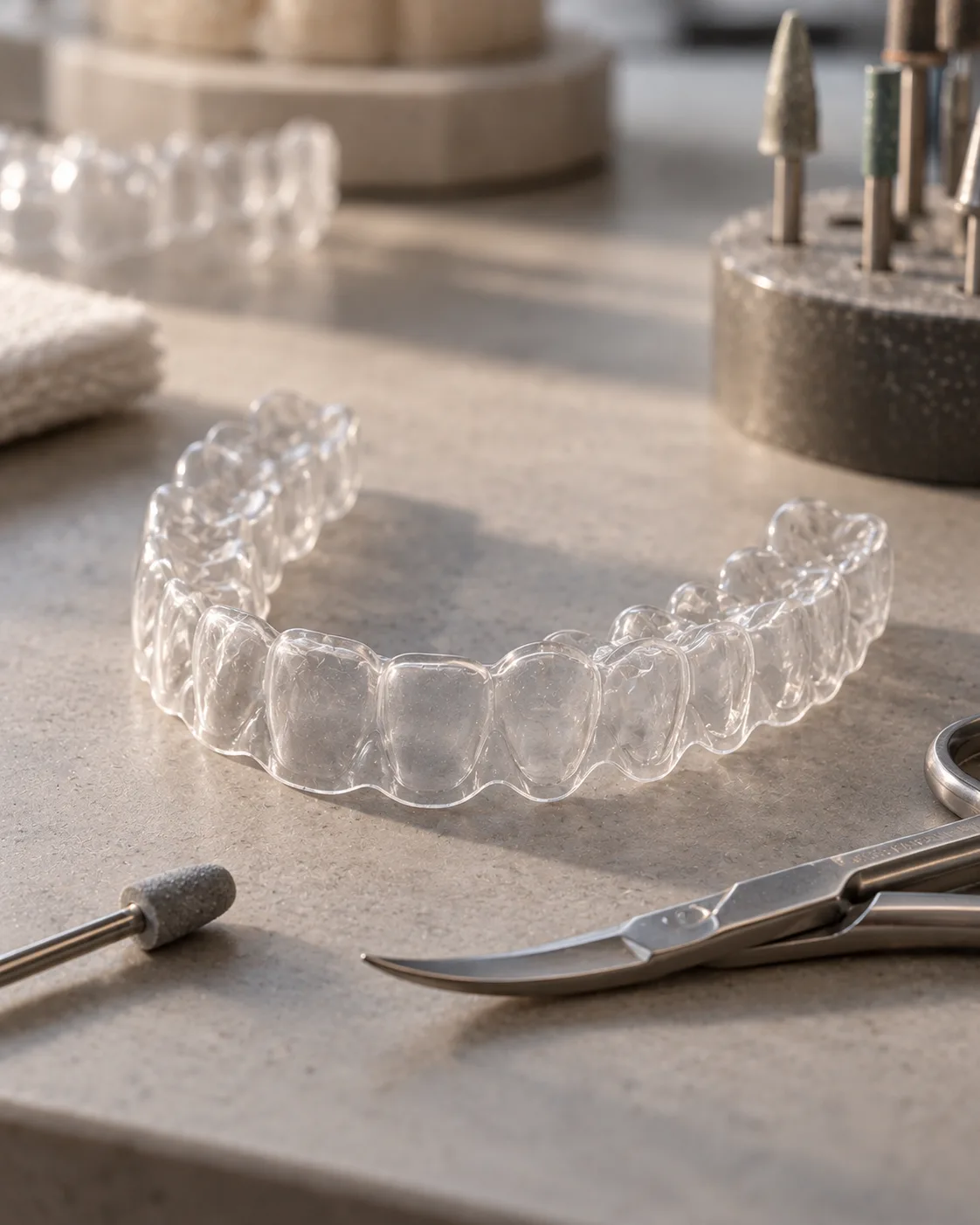 A freshly trimmed clear aligner beside fine curved scissors and a polishing bur