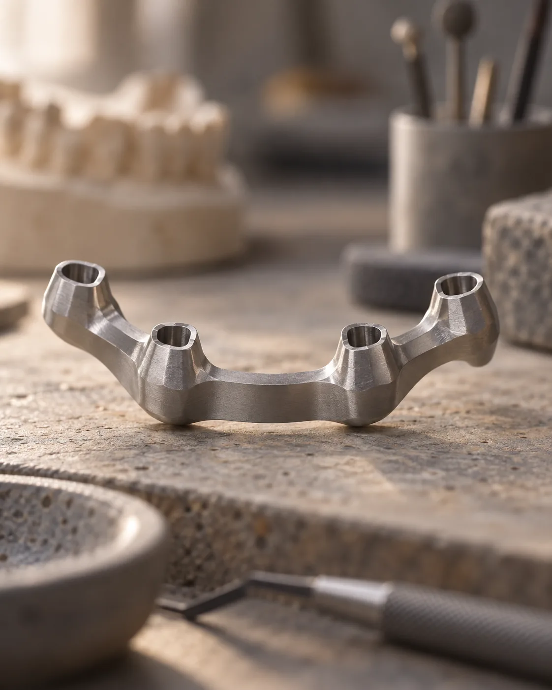 A milled titanium framework for a full-arch bridge standing on a technician's bench