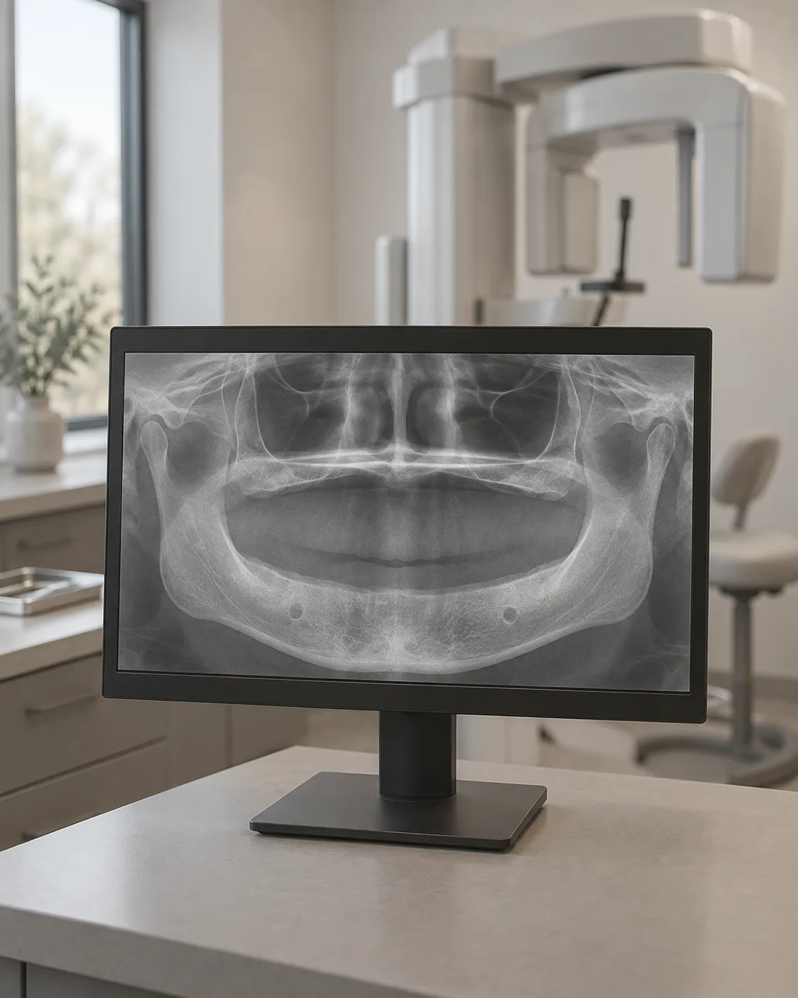 A clinic monitor showing a cone-beam CT panoramic view of a jaw with no teeth