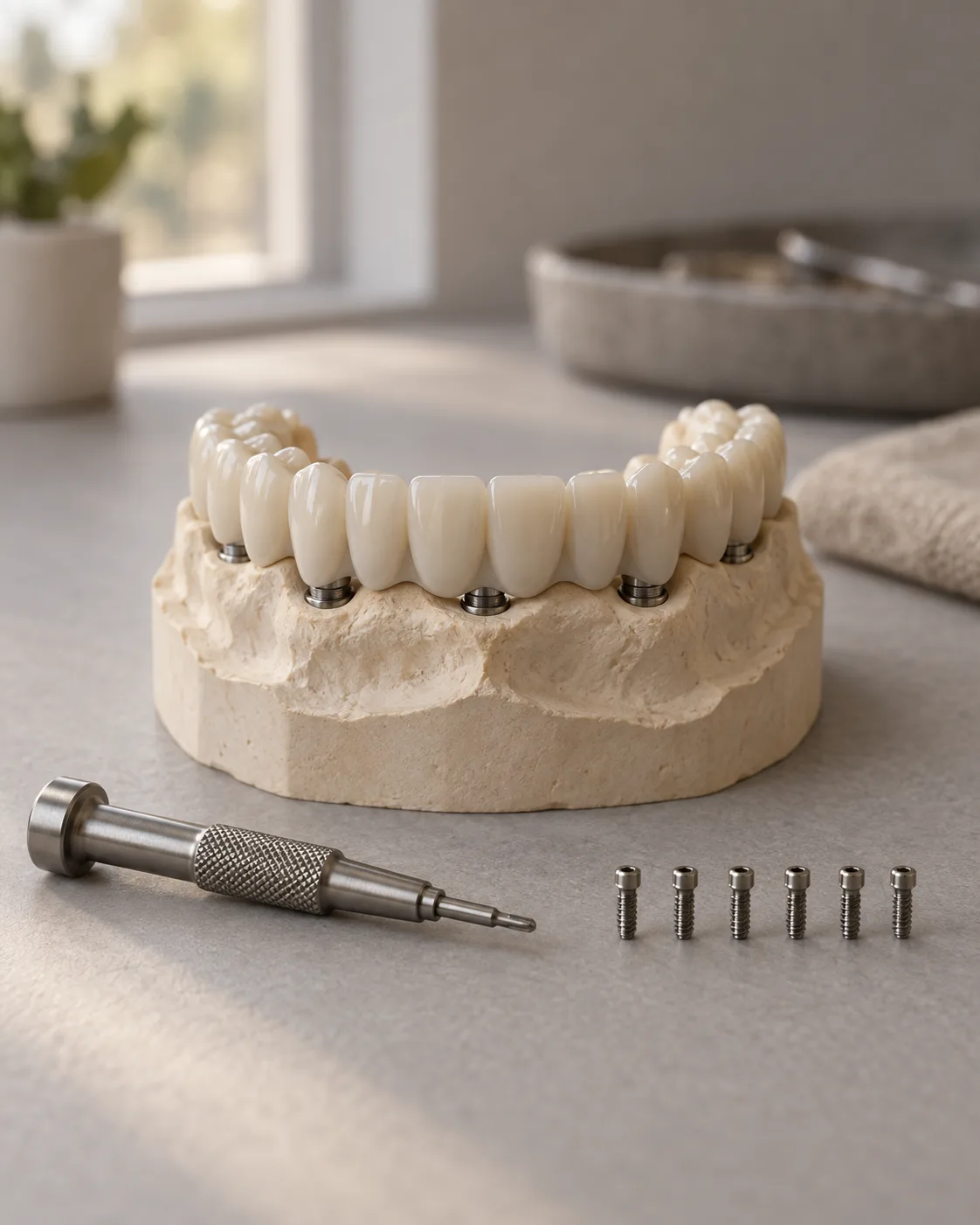 A finished full-arch zirconia bridge on its jaw model with a torque driver and a row of screws beside it