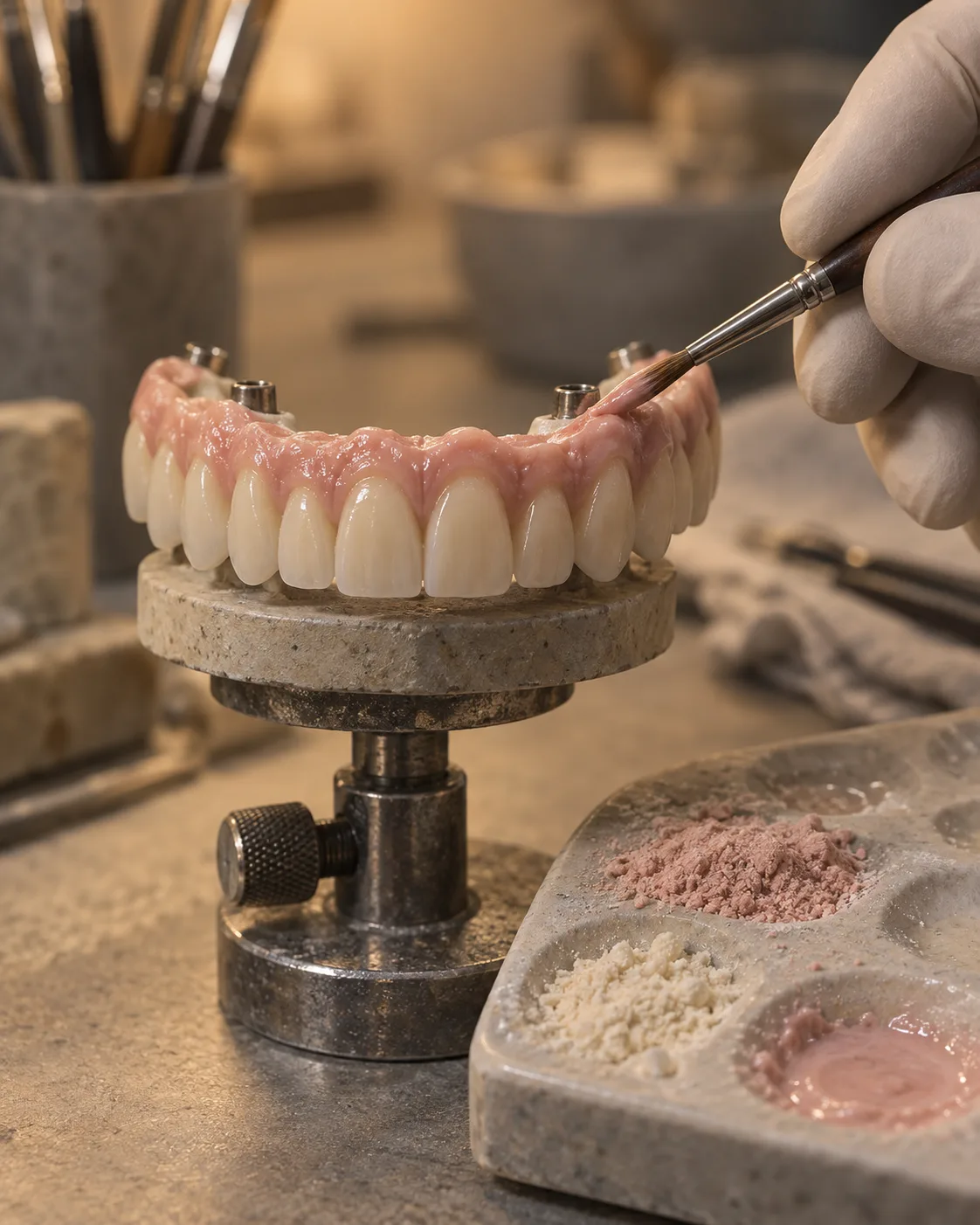 A gloved hand brushing pink gum-coloured porcelain onto a zirconia full-arch bridge
