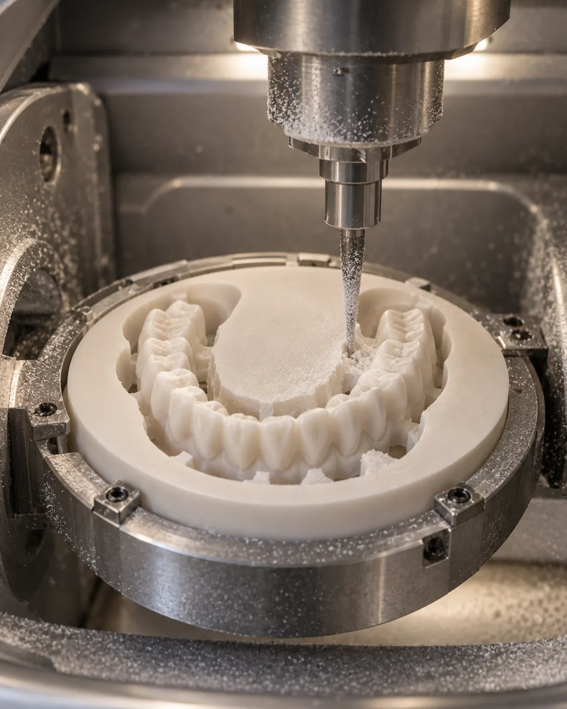 A burr carving a complete arch of teeth from a zirconia disc inside the milling machine