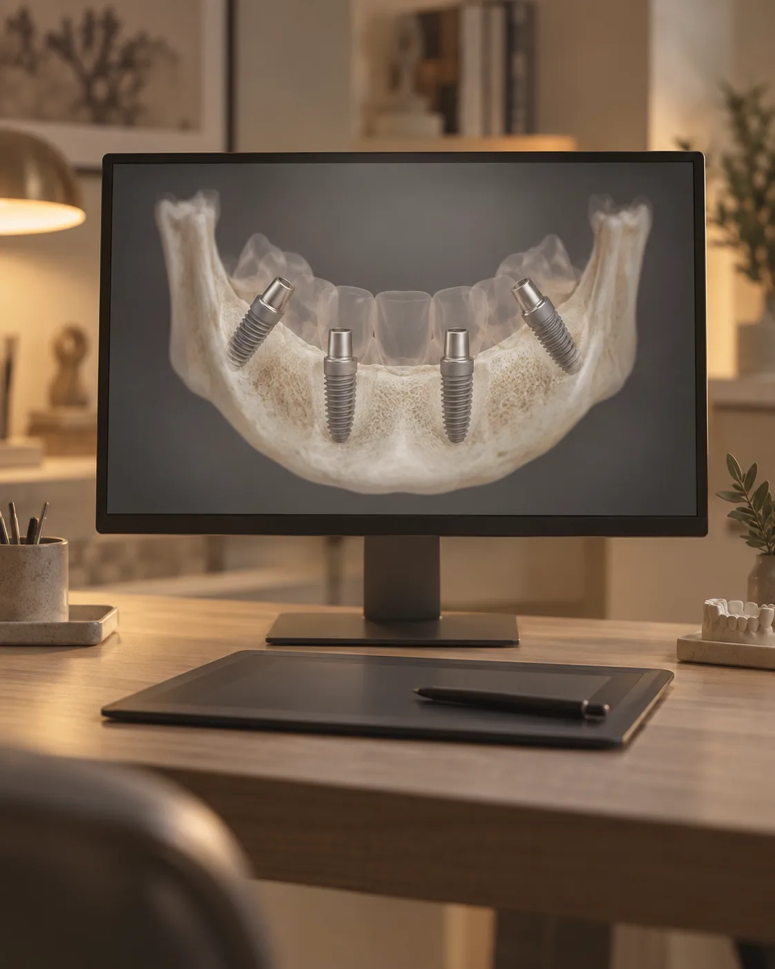 A monitor showing a three-dimensional lower jaw with four implants planned, the rear two tilted
