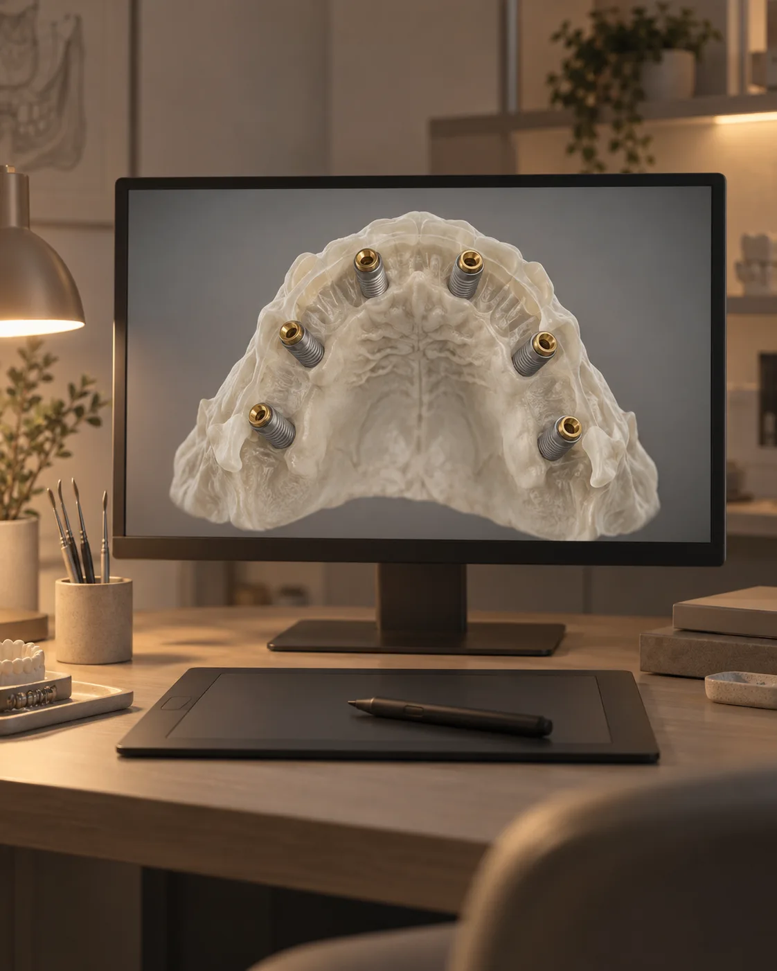 A monitor showing a three-dimensional upper jaw with six implants planned around the arch