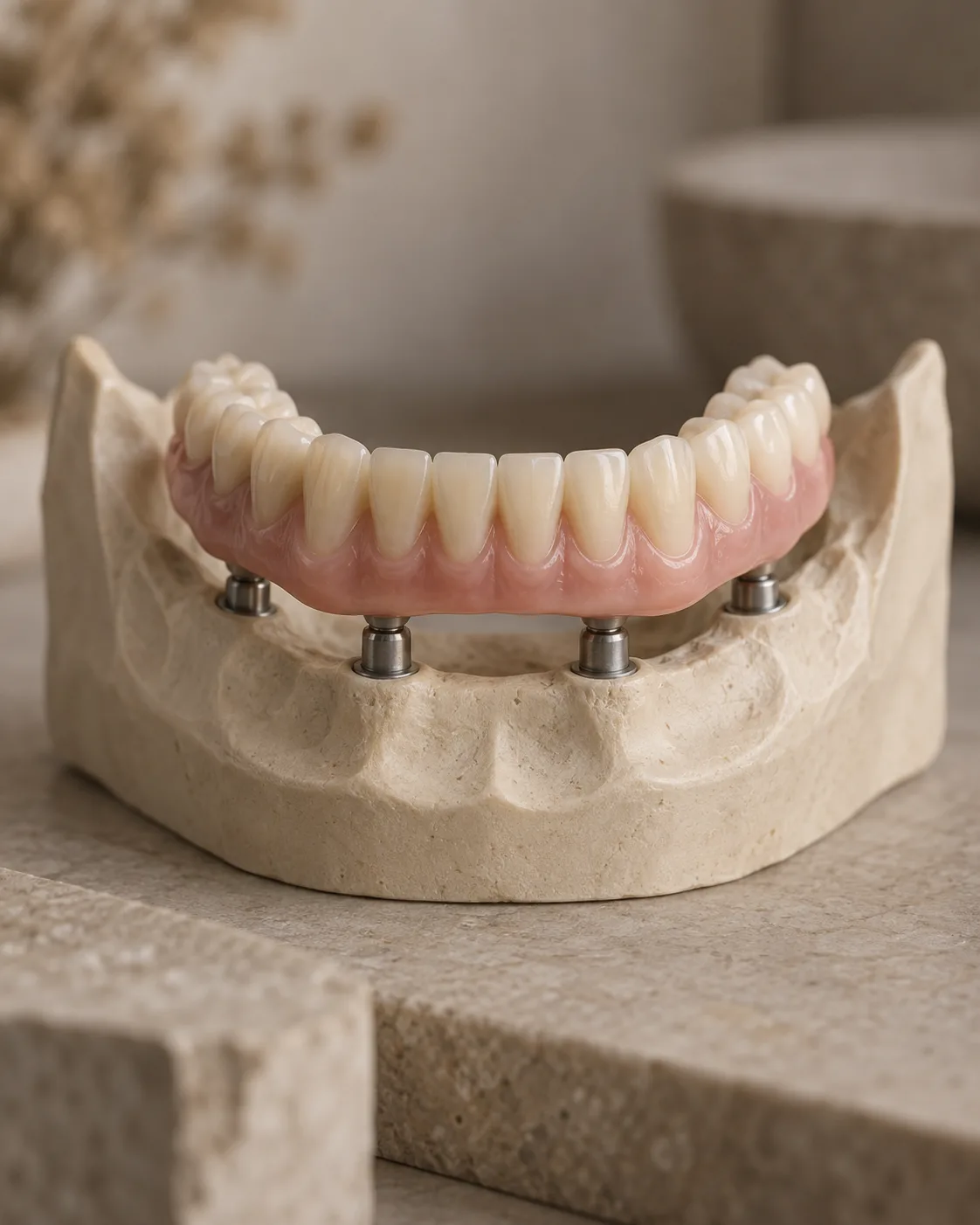 An acrylic temporary full-arch bridge seated on a jaw model with four implant positions