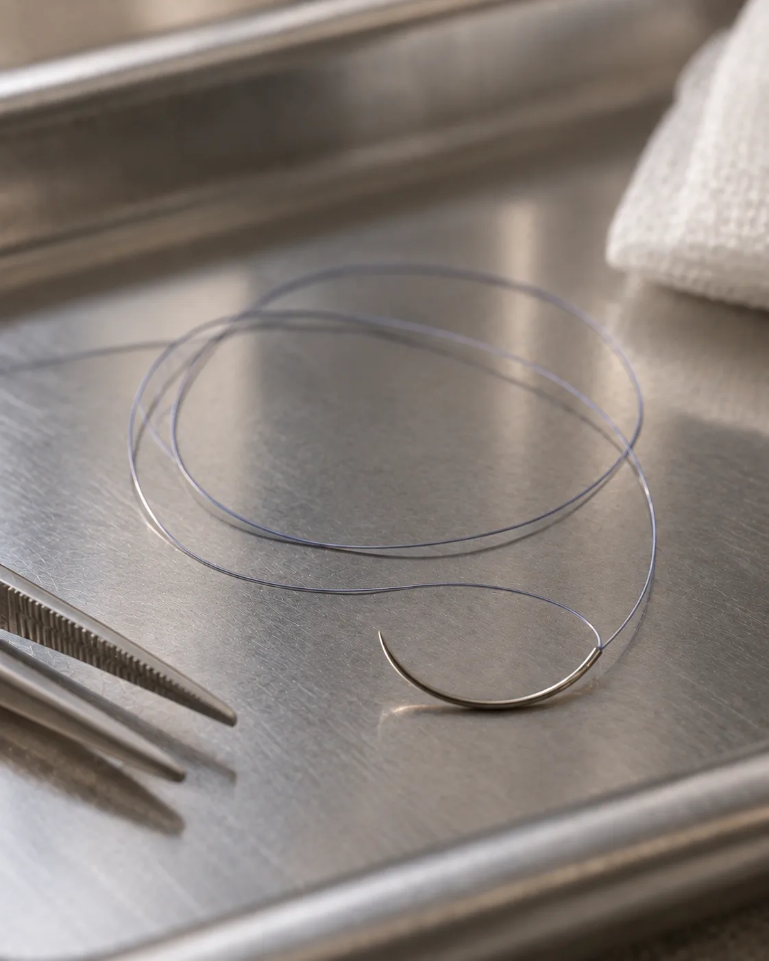 A hair-fine surgical suture with its curved needle in a loose coil on a steel tray