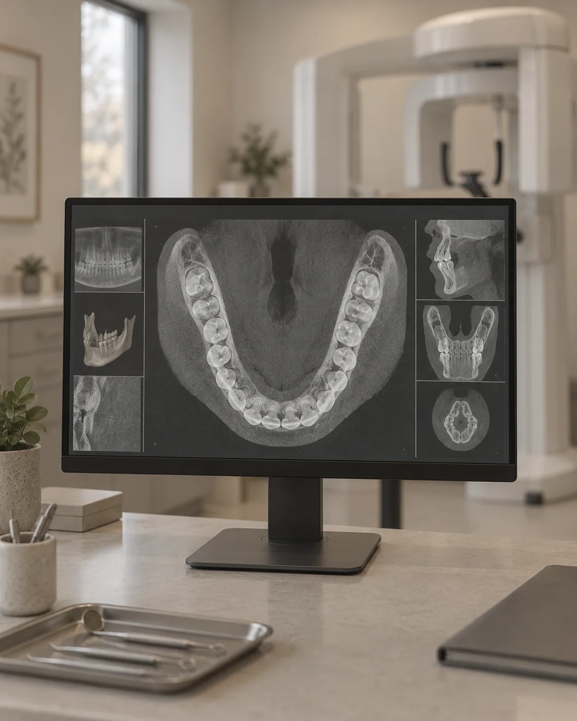 A clinic monitor showing a cone-beam CT scan of a lower jaw, the scanner behind it