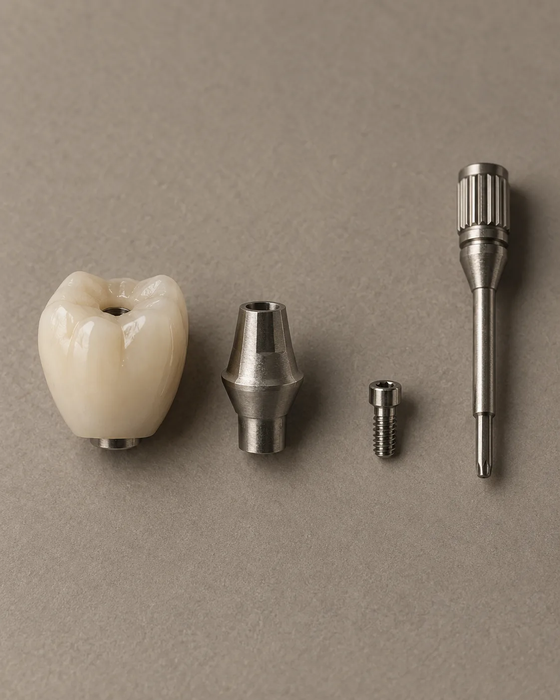 A screw-retained zirconia implant crown beside its abutment, screw and torque driver