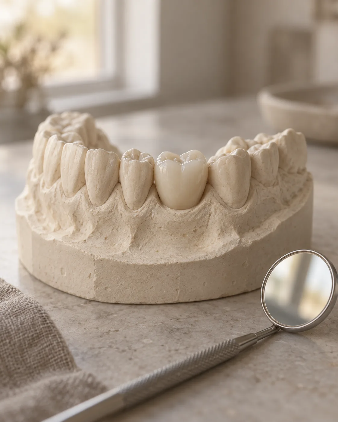 A finished implant crown seated among the teeth of a plaster model, a hand mirror beside it