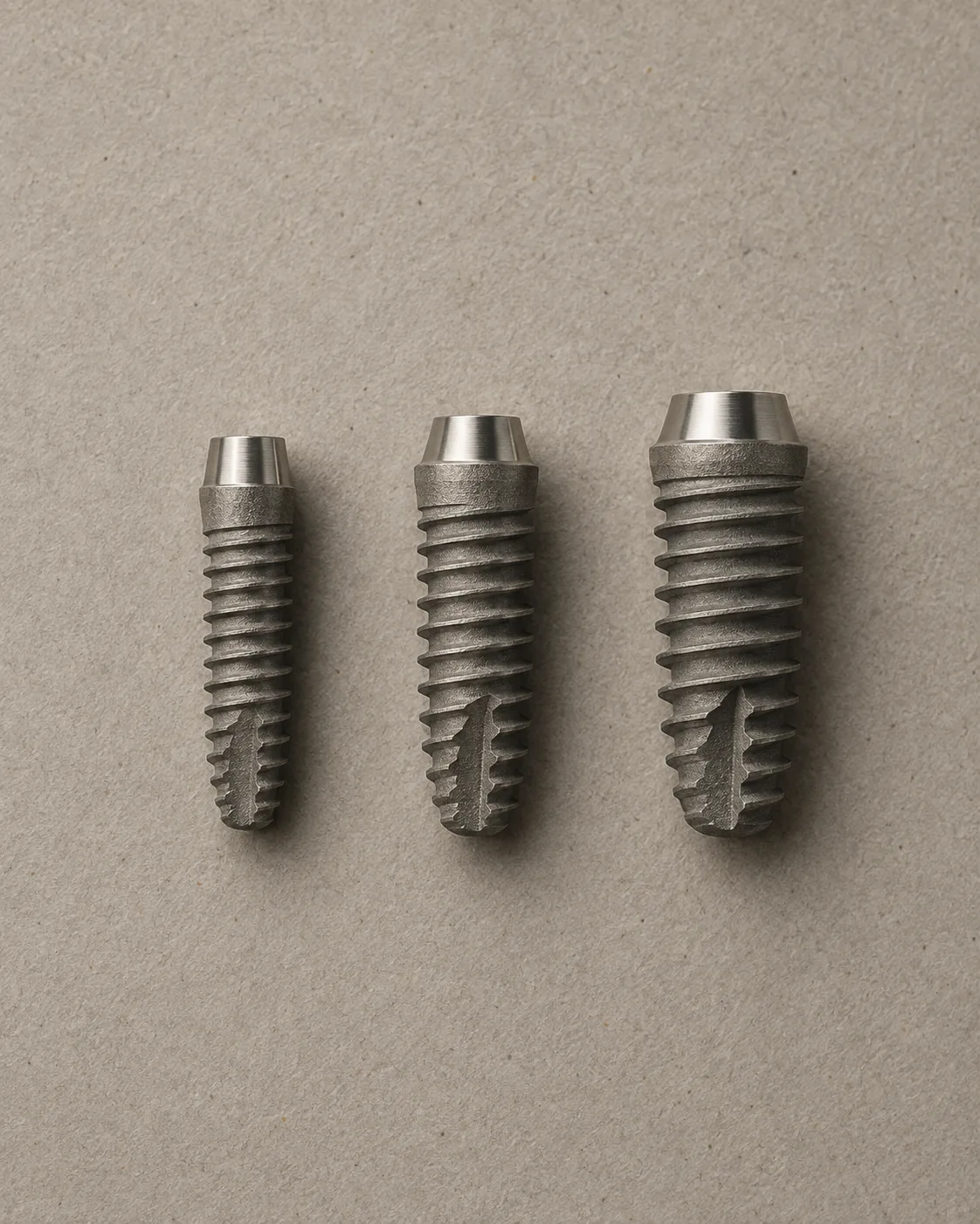 Three titanium implant fixtures of different lengths and widths laid in a row