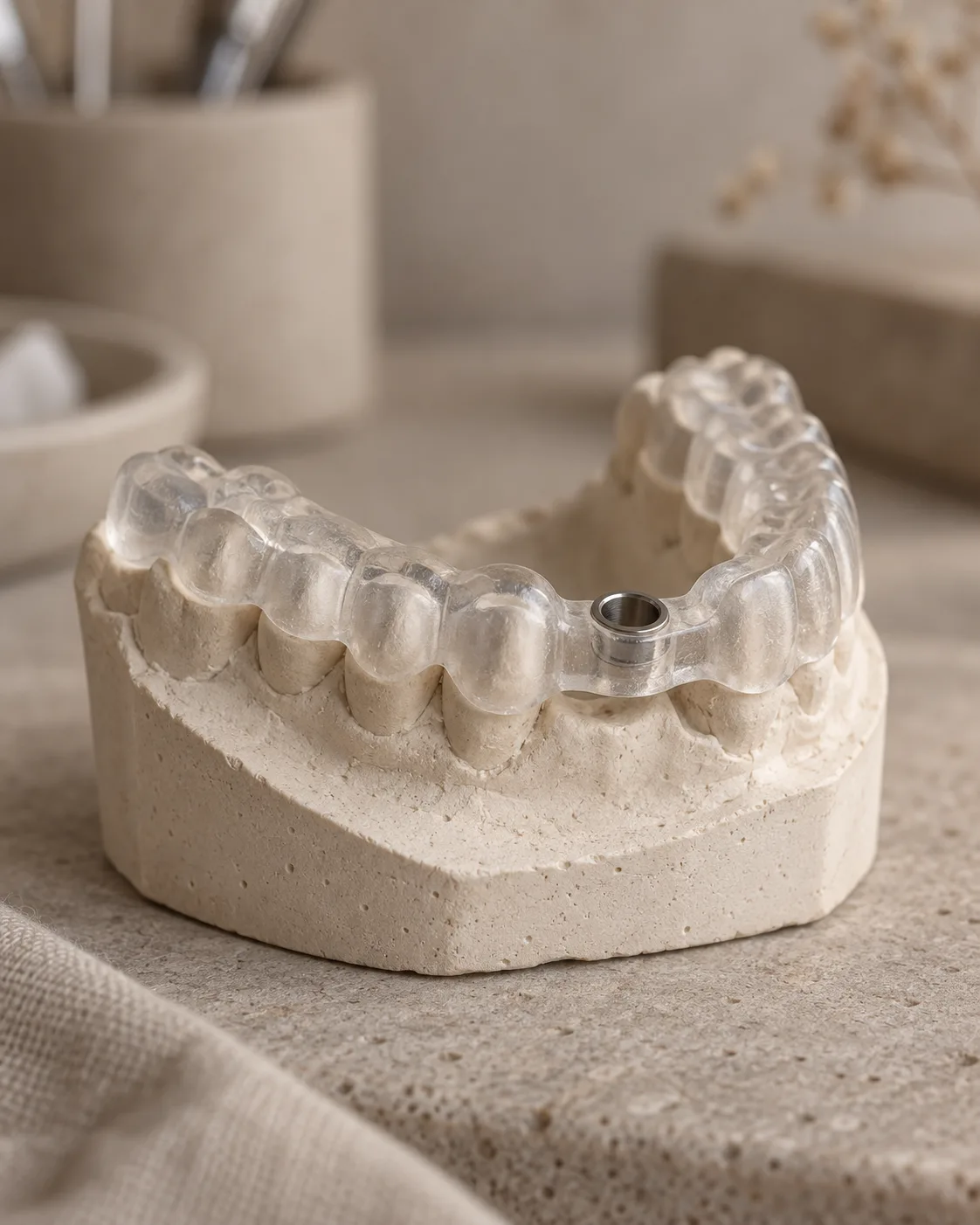 A clear 3D-printed surgical guide with a metal sleeve seated over the teeth of a plaster model