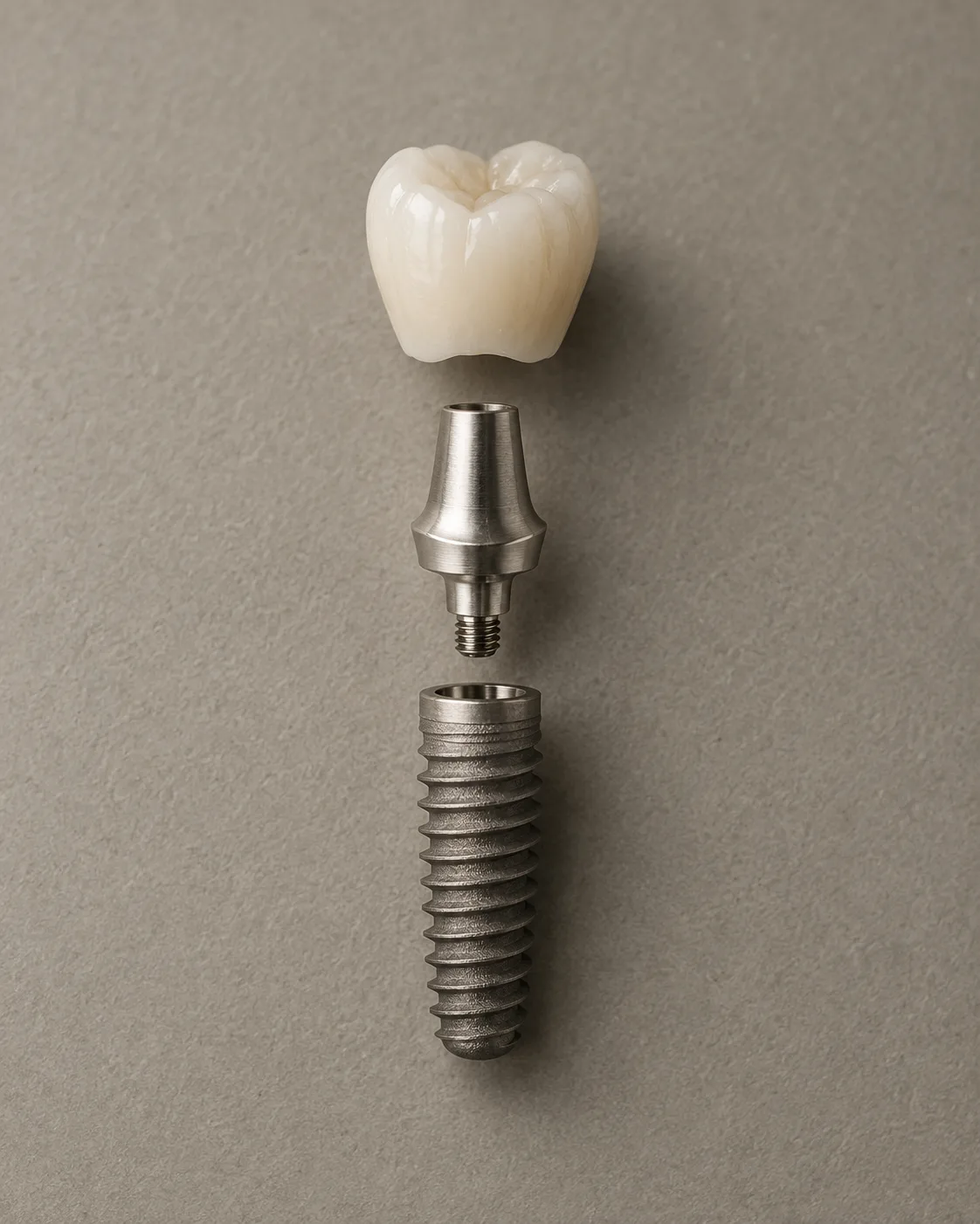 A dental implant taken apart: the titanium fixture, the abutment and the zirconia crown in a vertical line