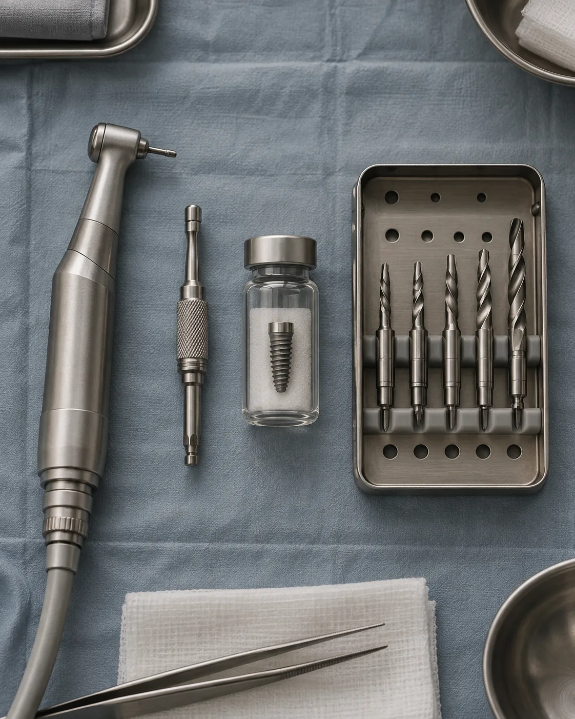 A sterile tray laid for implant placement: handpiece, driver, a sealed implant vial and a cassette of drills