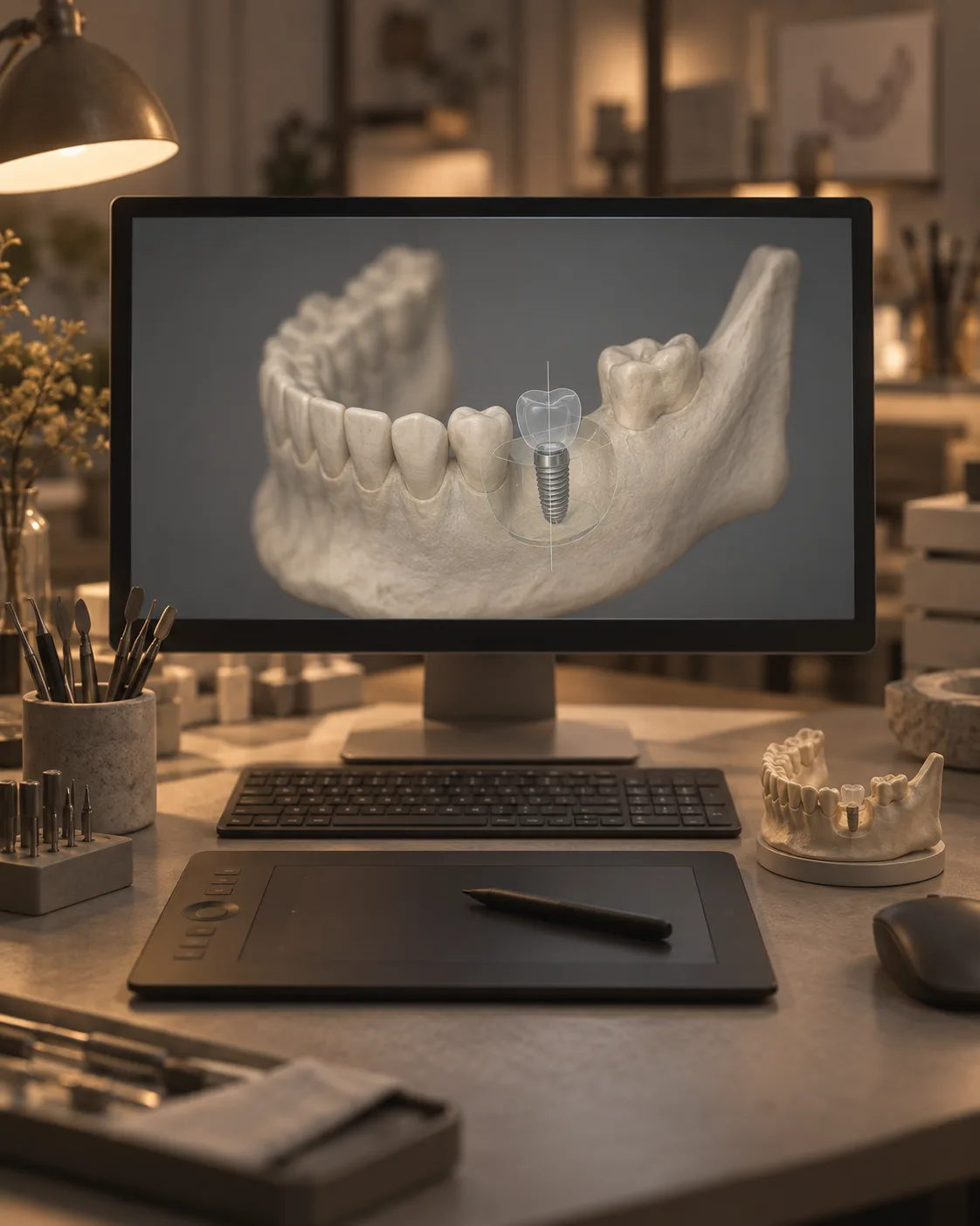 A monitor showing a three-dimensional jaw with a single implant planned in it, a stylus tablet in front