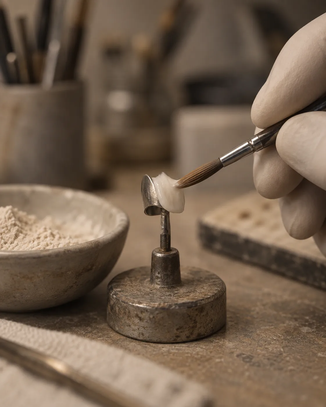 Uma mão enluvada a aplicar com pincel a primeira camada de porcelana opaca sobre uma coifa metálica