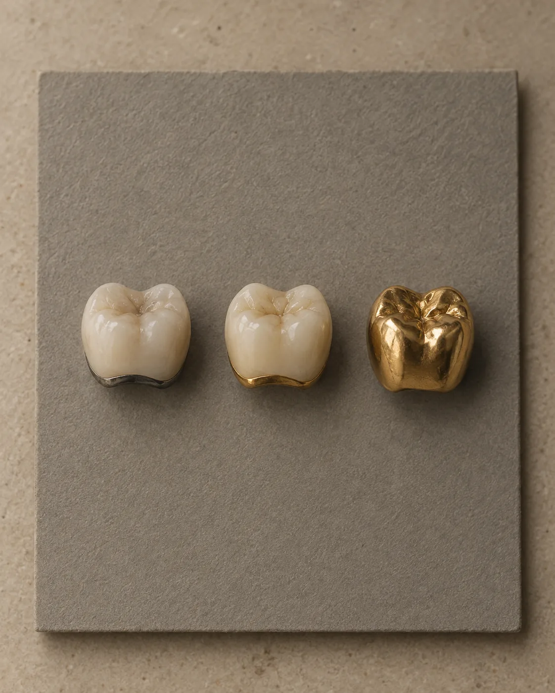 Três coroas lado a lado: metalocerâmica com o seu colar escuro, ouro-cerâmica com um colar dourado, e uma coroa totalmente em ouro fundido
