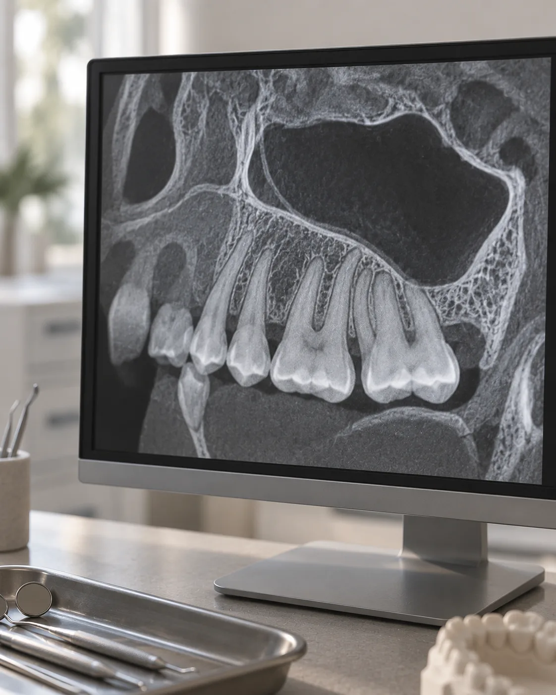 A clinic monitor showing a cone-beam CT slice of an upper jaw, the sinus just above the back teeth