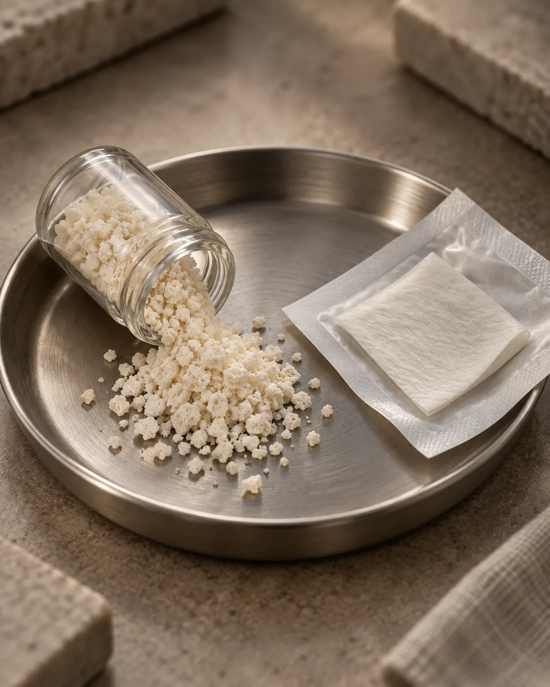 An open vial of bone graft granules tipped onto a steel dish beside a collagen membrane in its pouch