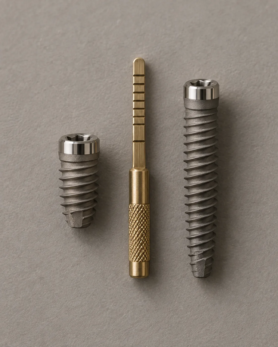 A short titanium implant and a long one either side of a small brass gauge