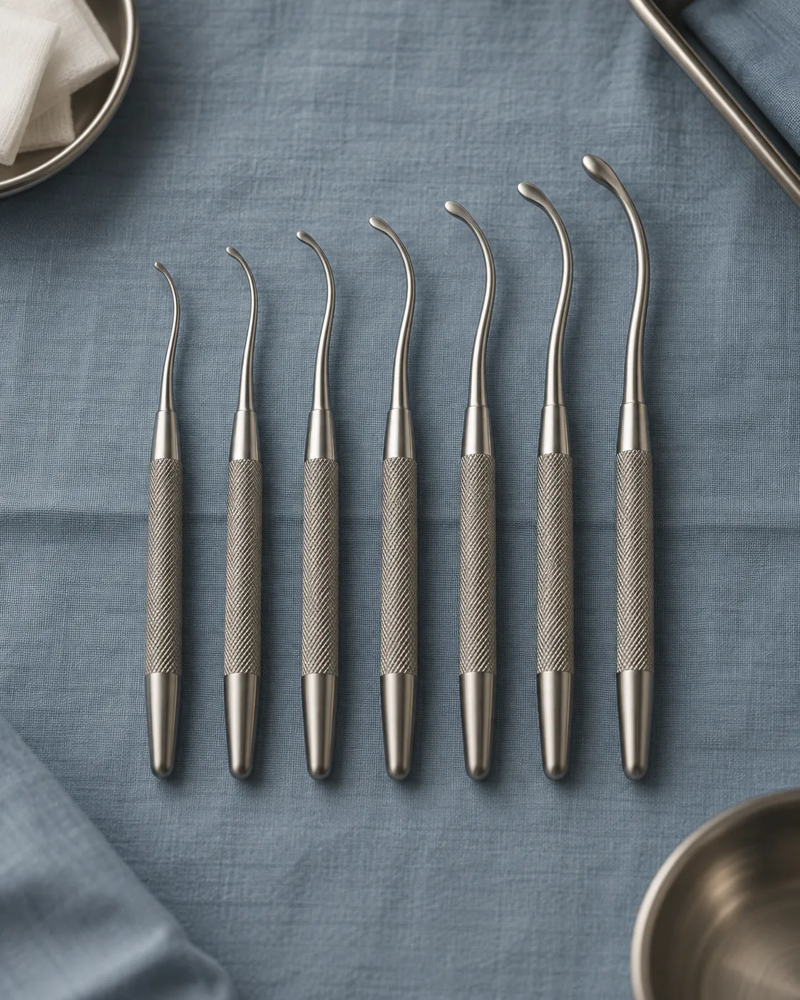 A set of sinus lift instruments, slim curved elevators with rounded tips, in a graded row