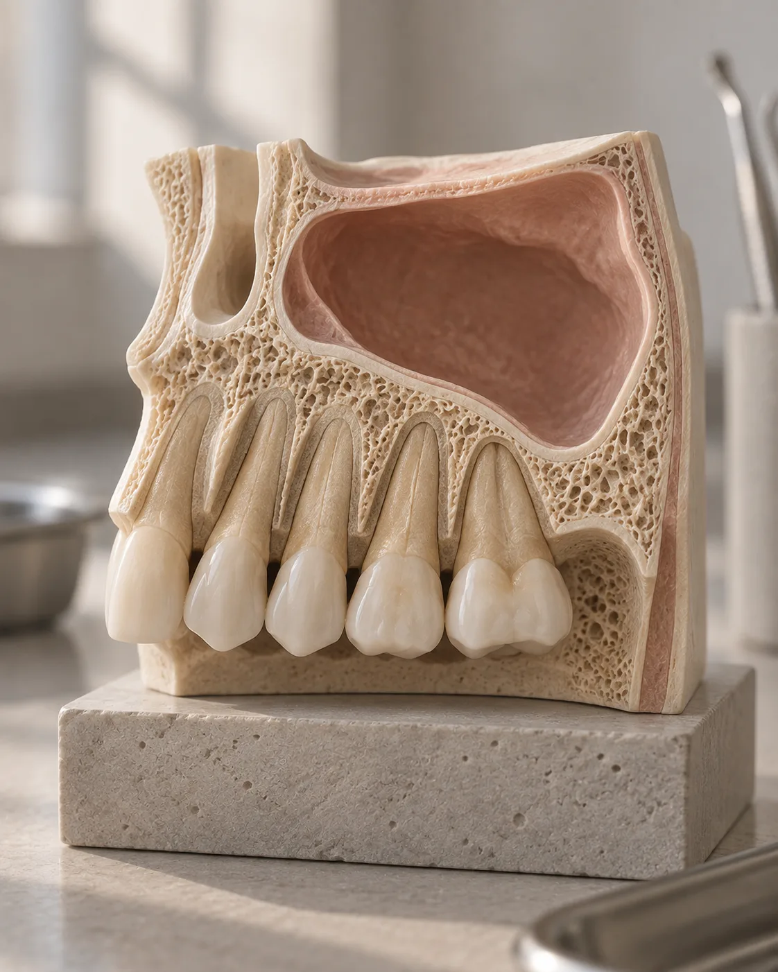 A cross-sectioned upper jaw teaching model showing the sinus above the back teeth and the thin floor of bone beneath it